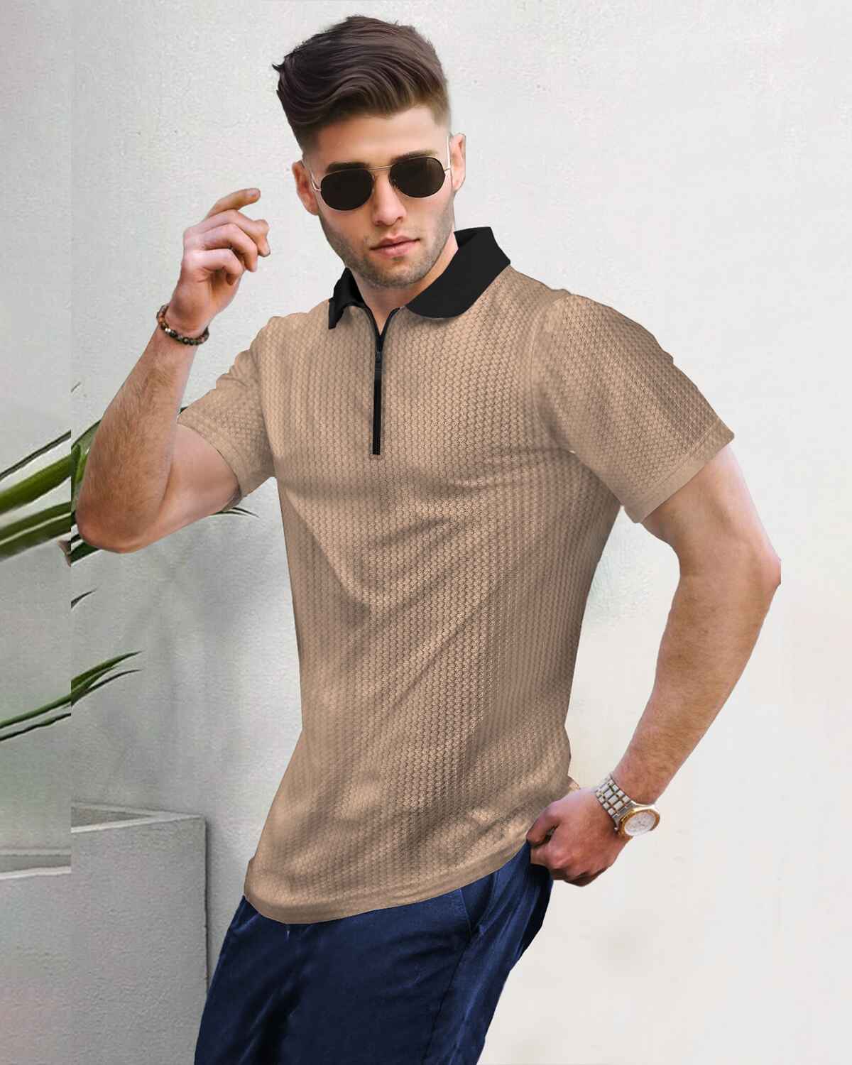 Polo Collar Beige Black Contrast Waffle Textured T-shirt