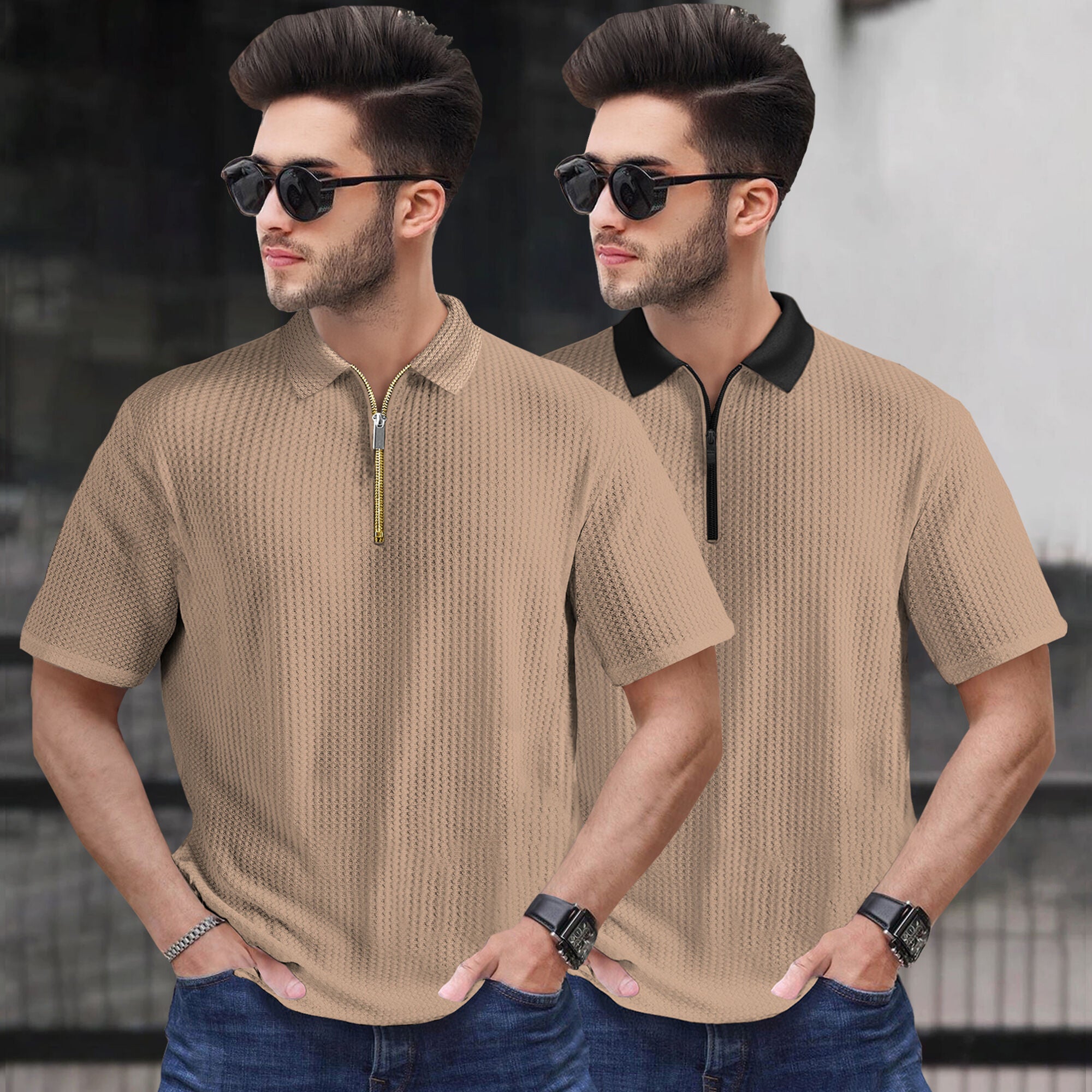 (Pack Of 2) Polo Waffle Beige Textured T-shirts
