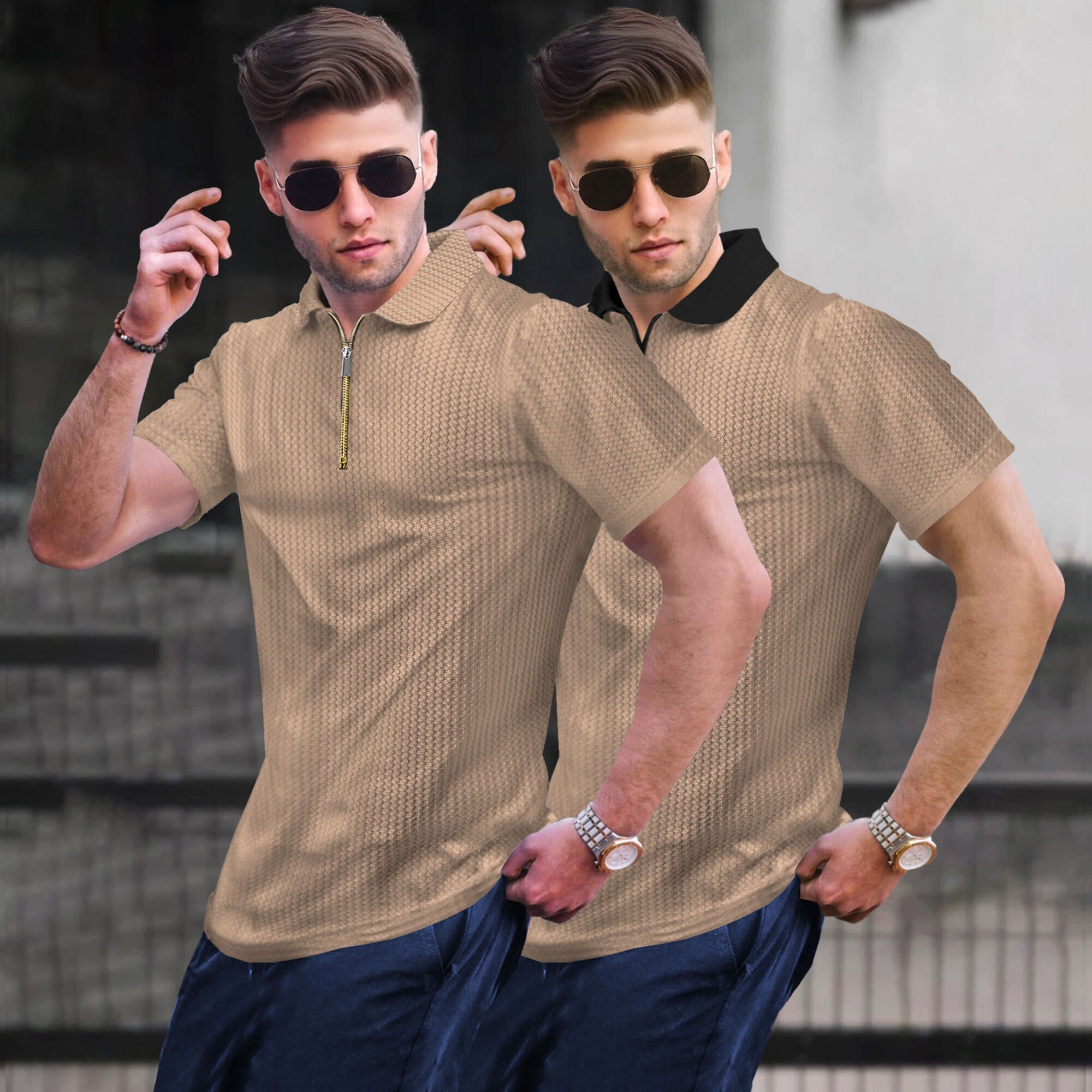 (Pack Of 2) Polo Waffle Beige Textured T-shirts