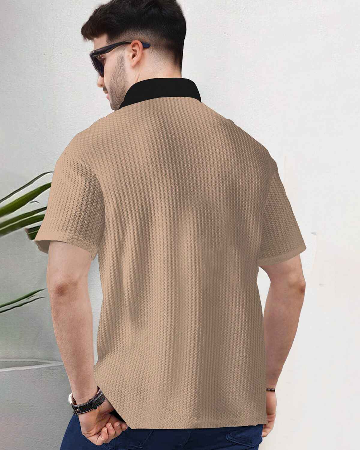 Polo Collar Beige Black Contrast Waffle Textured T-shirt