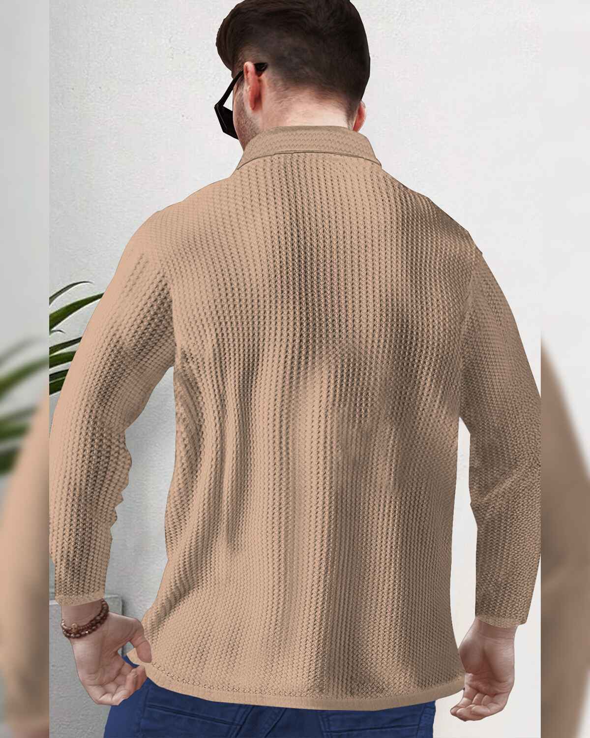 Men’s Waffle Textured Beige Full Sleeve Polo T-Shirt with Quarter Zip Neck