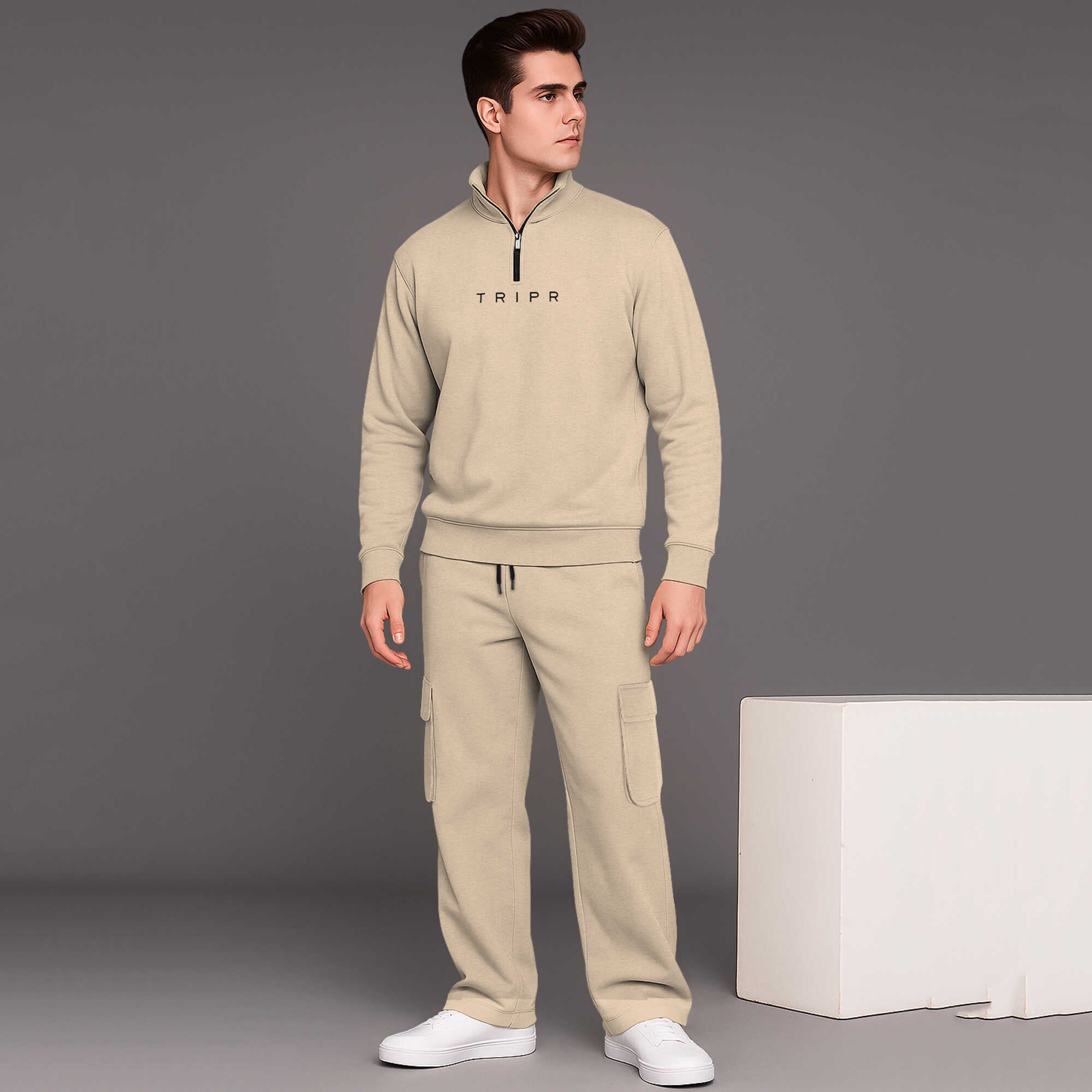 High Neck Beige Sweatshirt with Baggy Cargo Tracksuit
