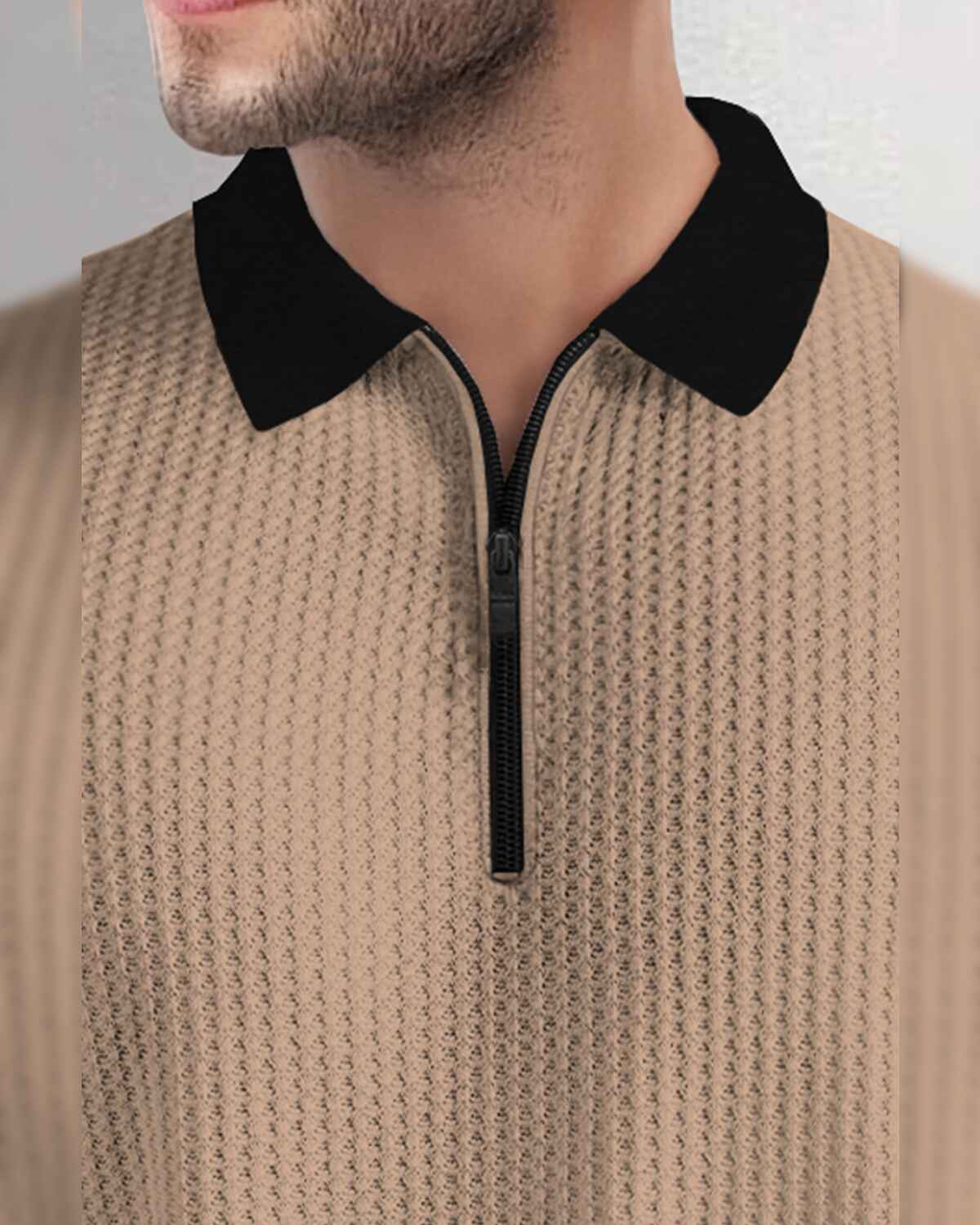 Polo Collar Beige Black Contrast Waffle Textured T-shirt