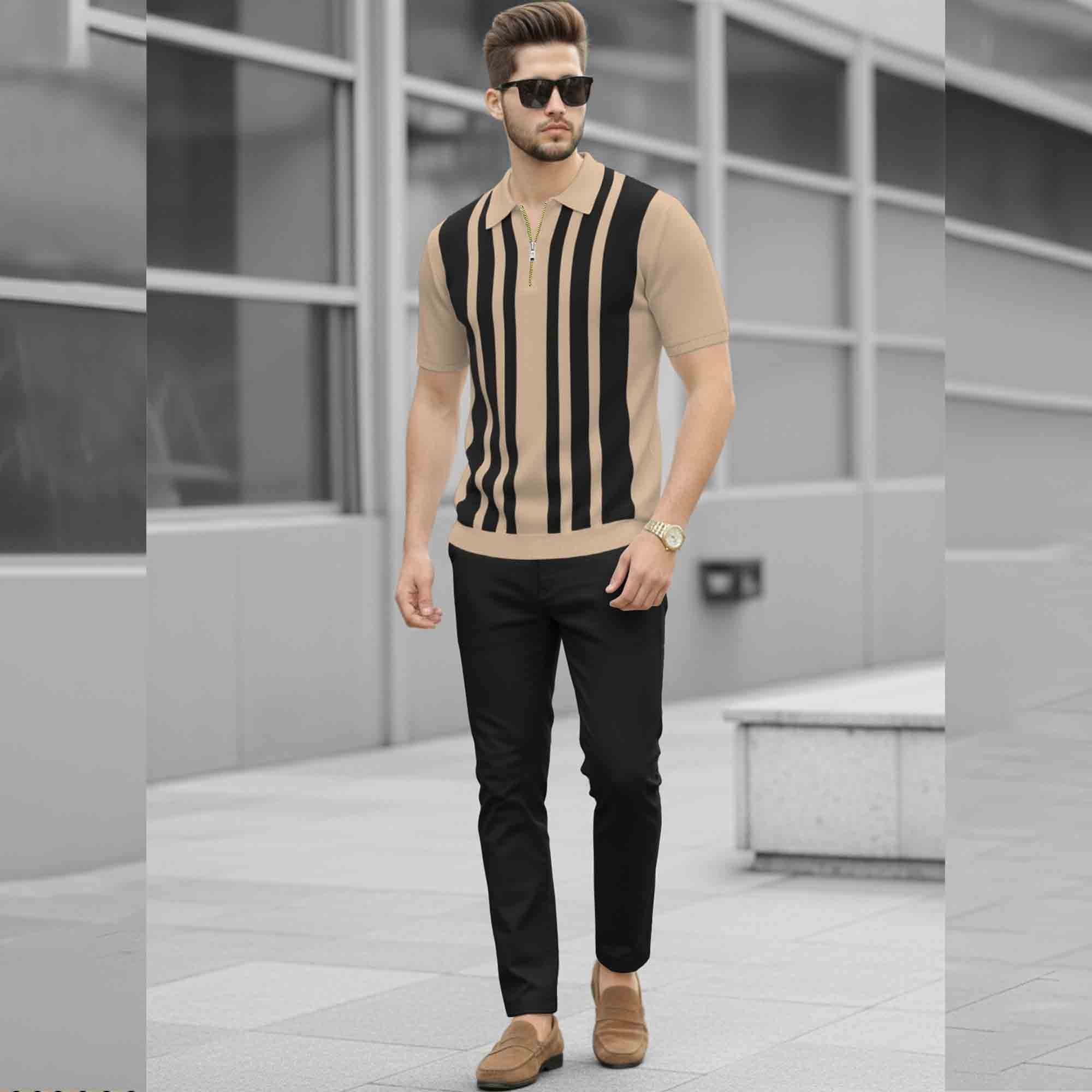 Men Quarter Zip Polo Neck Vertical Striped Half Sleeve T-shirt Beige