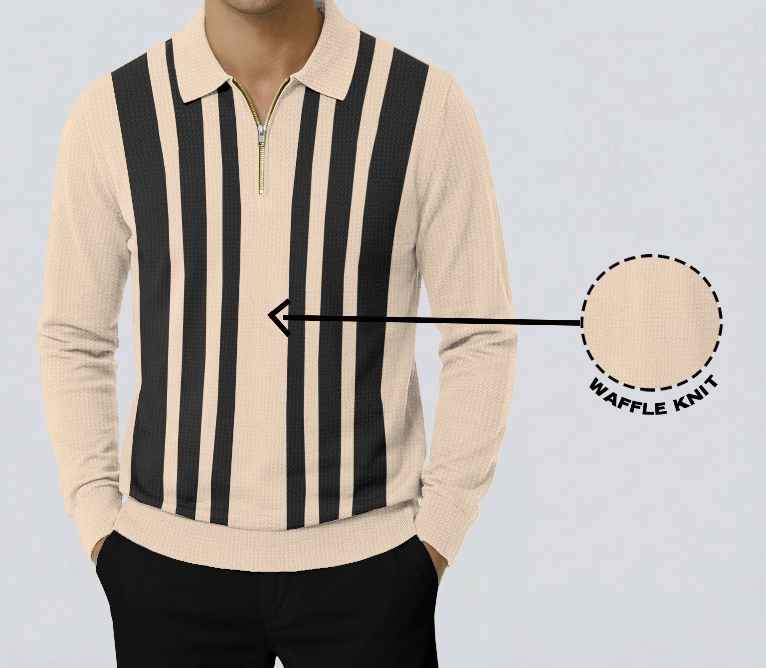 Men Quarter Zip Polo Neck Vertical Striped Full Sleeve T-shirt Beige