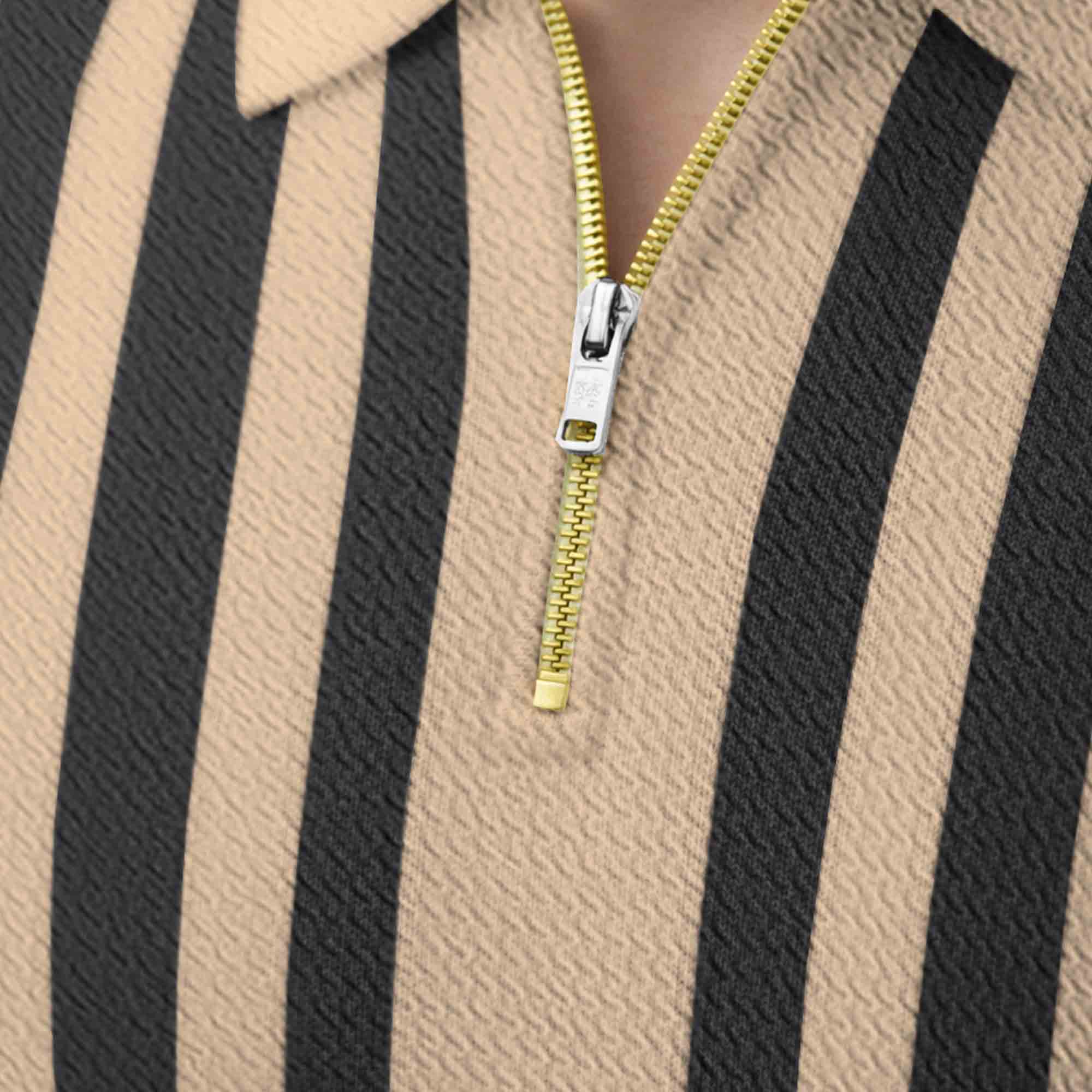 Men Quarter Zip Polo Neck Vertical Striped Full Sleeve T-shirt Beige