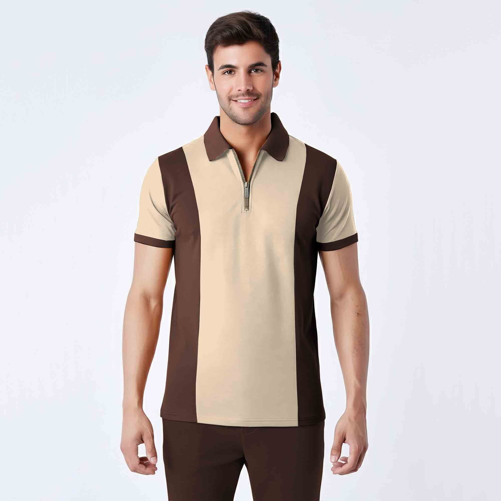 Men’s Dual Tone Polo T-Shirt with Zip Collar Beige