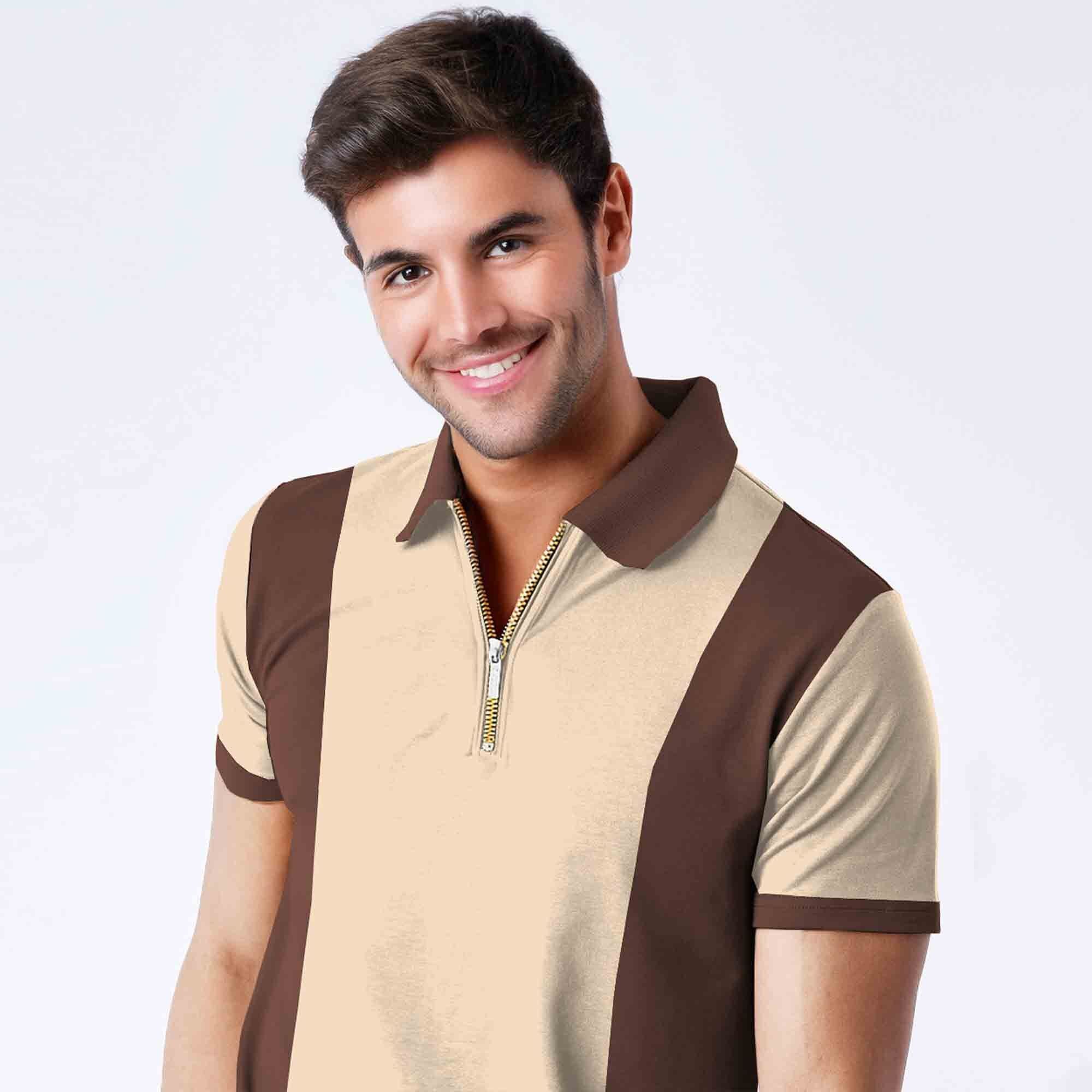 Men’s Dual Tone Polo T-Shirt with Zip Collar Beige