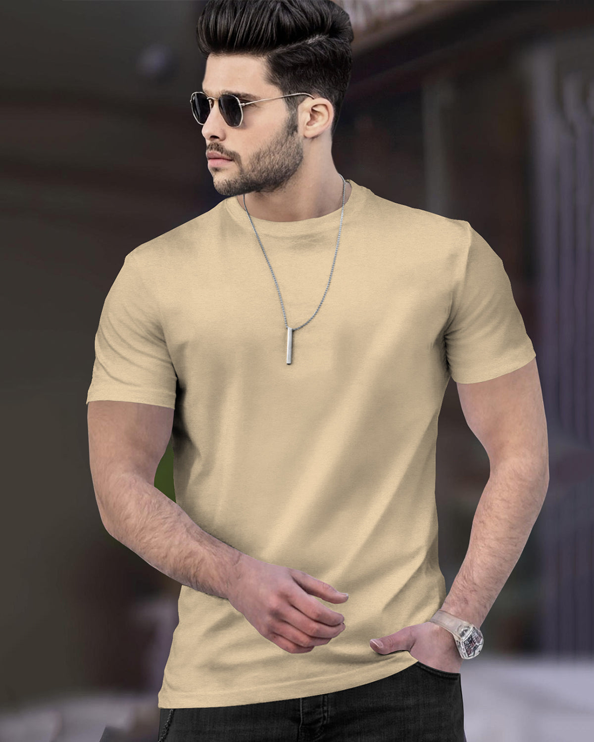 (Pack Of 1) Men Half Sleeve Round Neck Plain Beige T-shirt