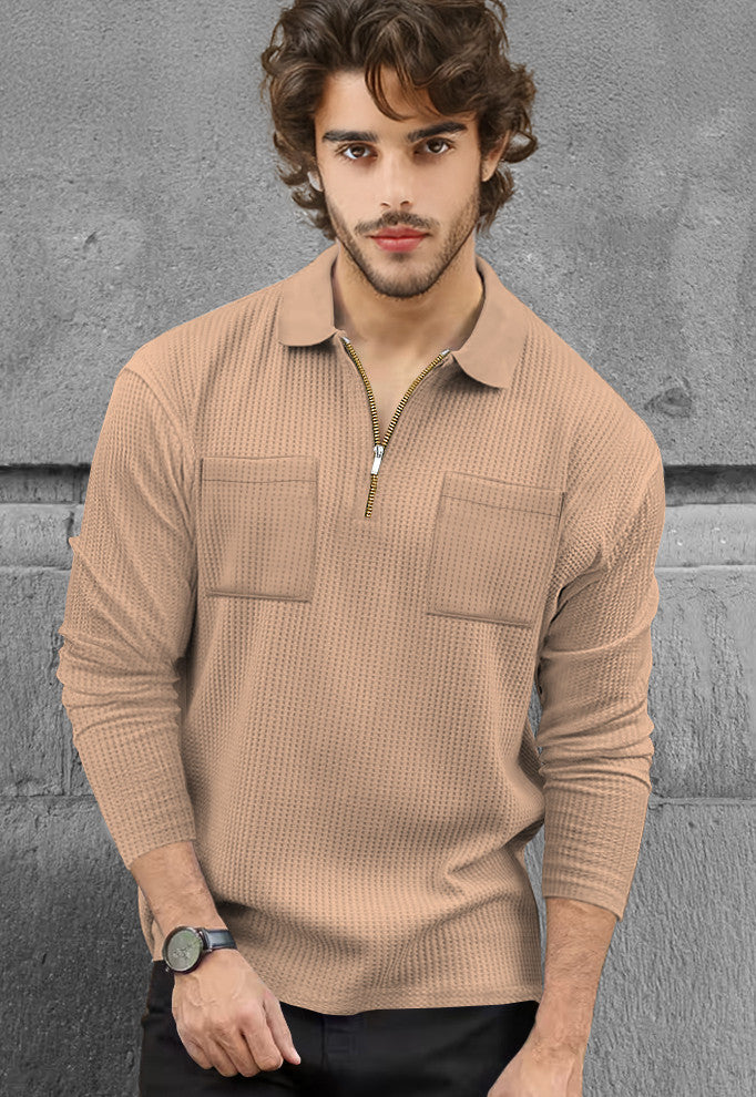 Men Full Sleeve Double Poacket Polo Waffle Beige T-shirt