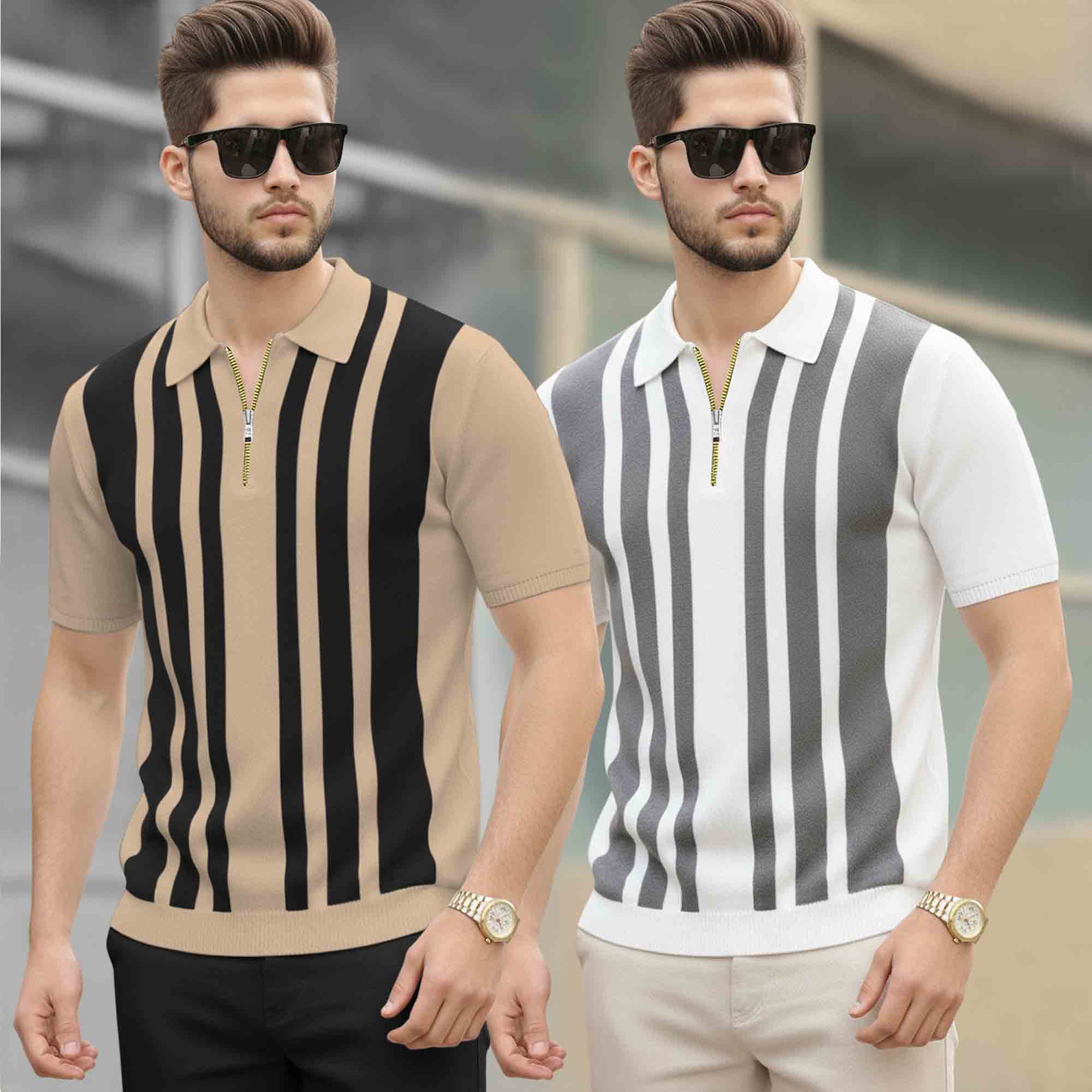 (Pack Of 2) Quarter Zip Polo Neck Printed Tshirts - 12 Variants