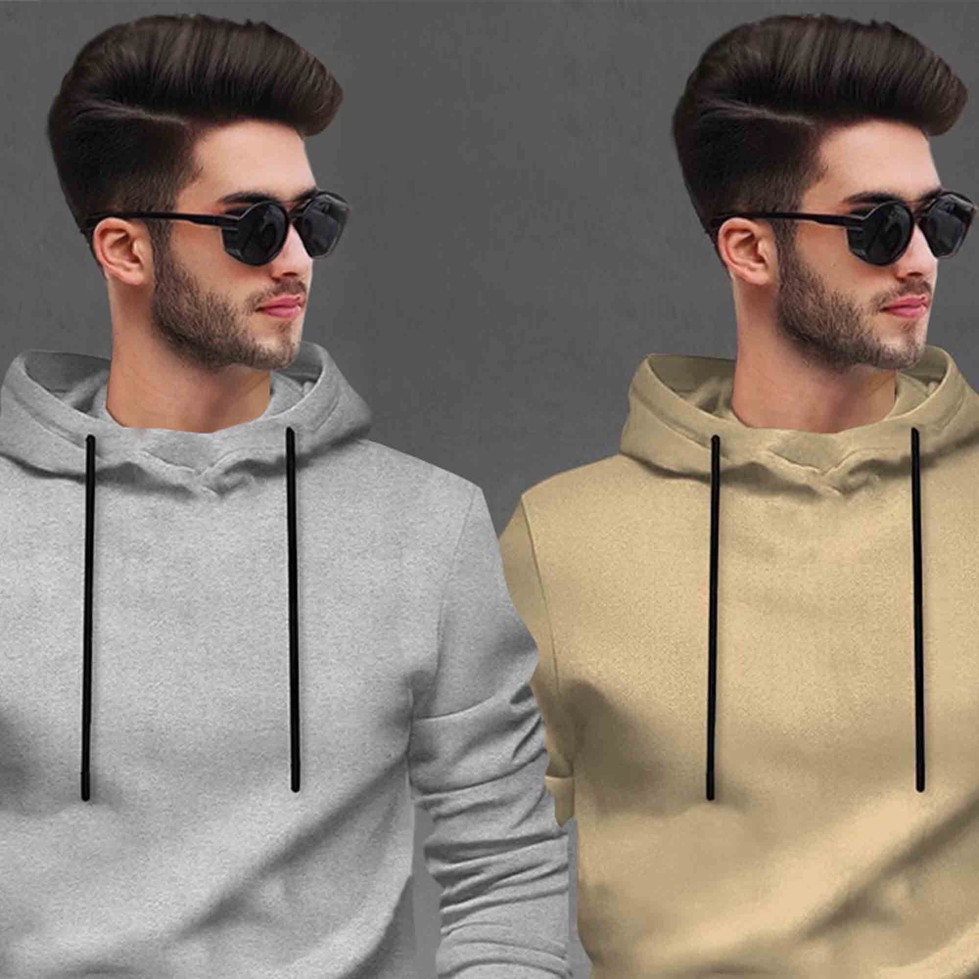 (Pack Of 2) Tracksuit Grey & Beige Hooded T-shirts / Matching Trackpants