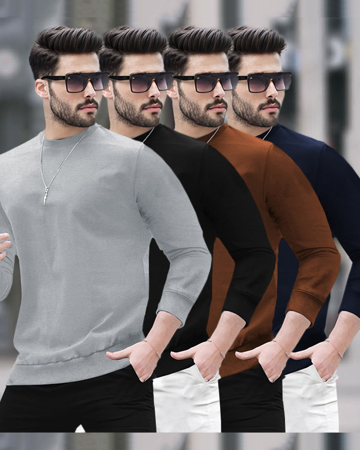 (Pack Of 4) Mens Round Neck Full Sleeve Plain T-shirts