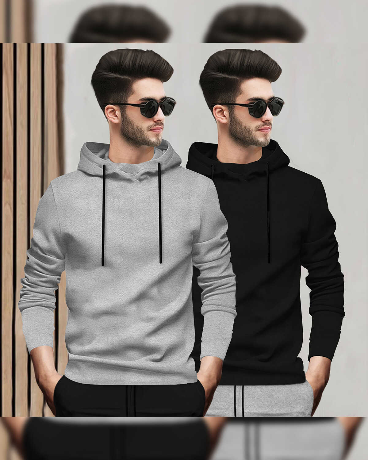 (Pack Of 2) Mens Full Sleeve Plain Grey & Black Hooded T-shirts