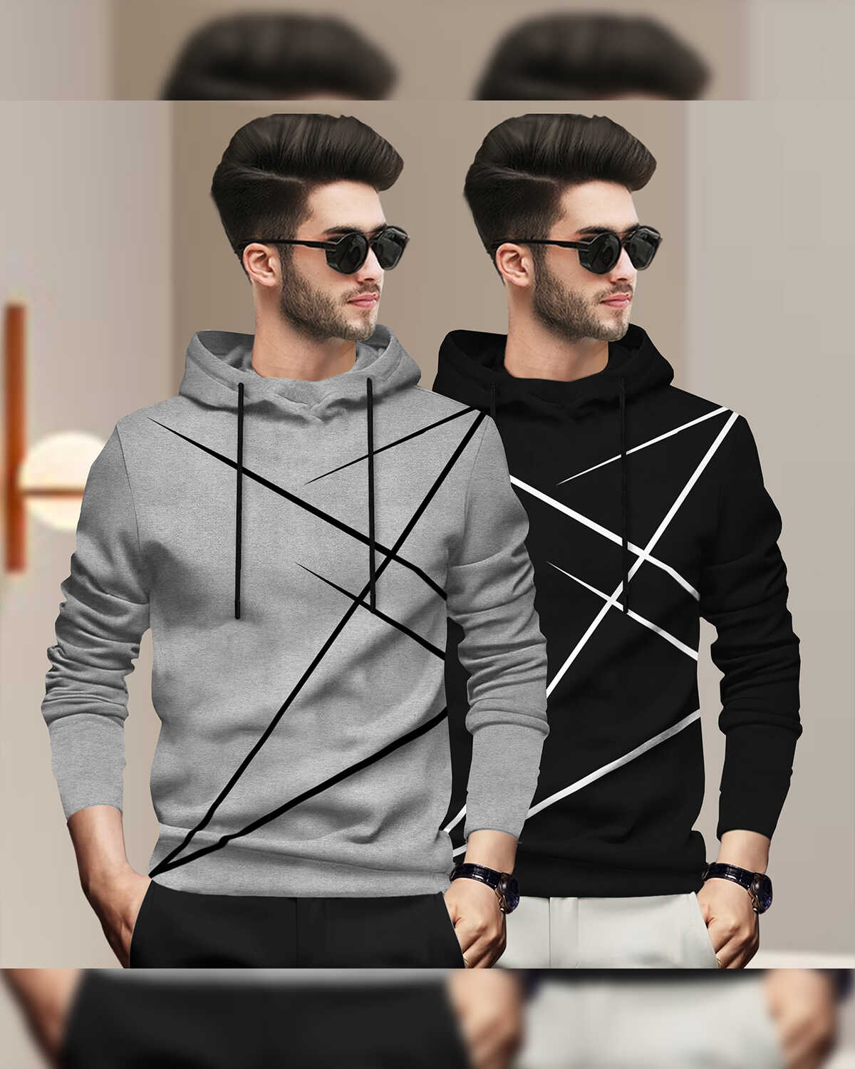 (Pack Of 2) Mens Full Sleeve Hooded Neck Printed T-shirt Grey & Black