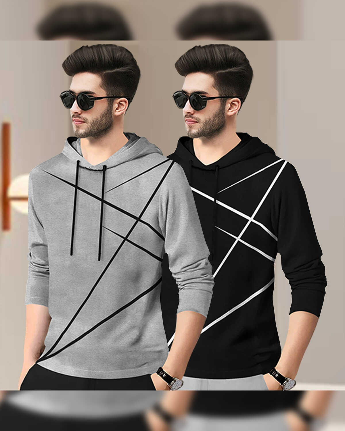 (Pack Of 2) Mens Full Sleeve Hooded Neck Printed T-shirt Grey & Black