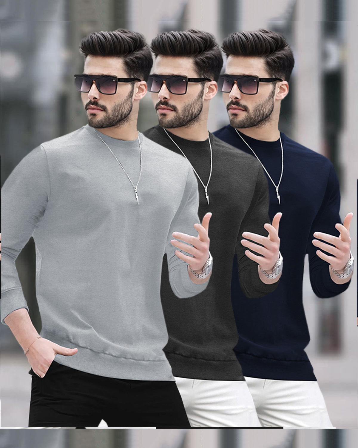 Mens Round Neck Full Sleeve Plain T-shirts (Pack Of 3)