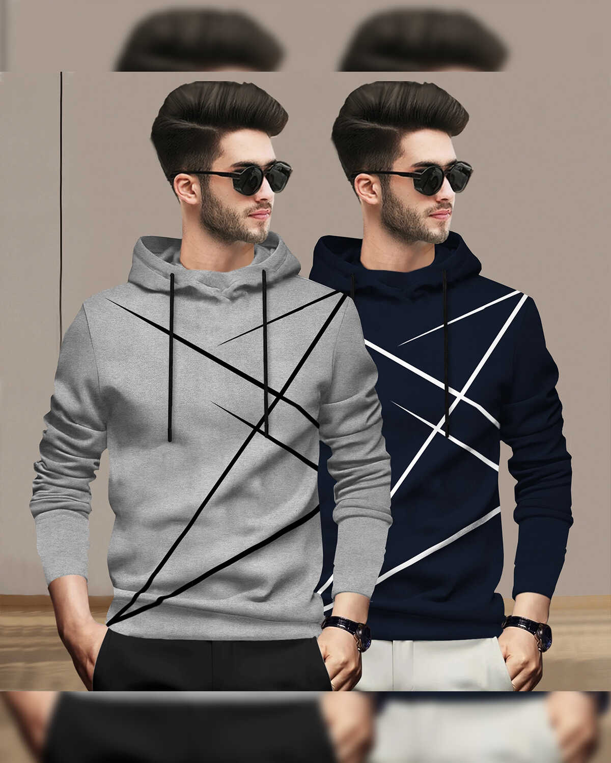 (Pack Of 2) Mens Full Sleeve Hooded Neck Printed T-shirt Grey & Navy