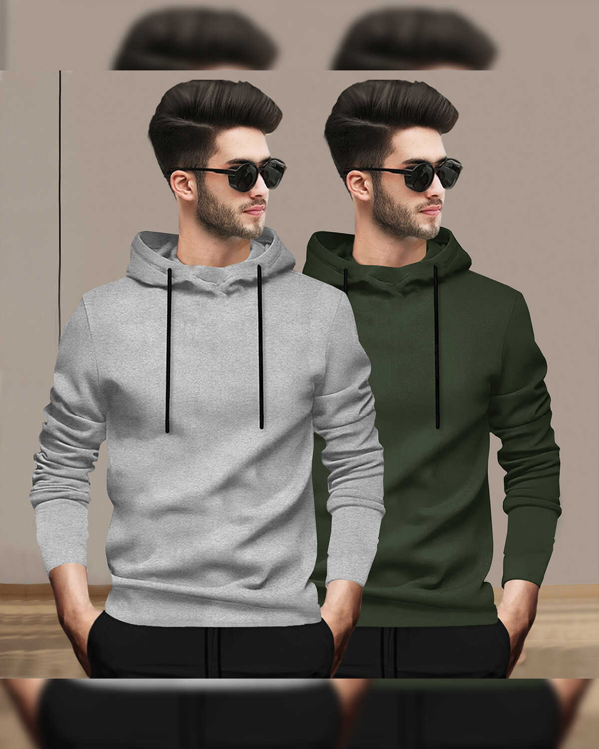 (Pack Of 2) Mens Full Sleeve Plain Grey & Olivegreen Hooded T-shirts