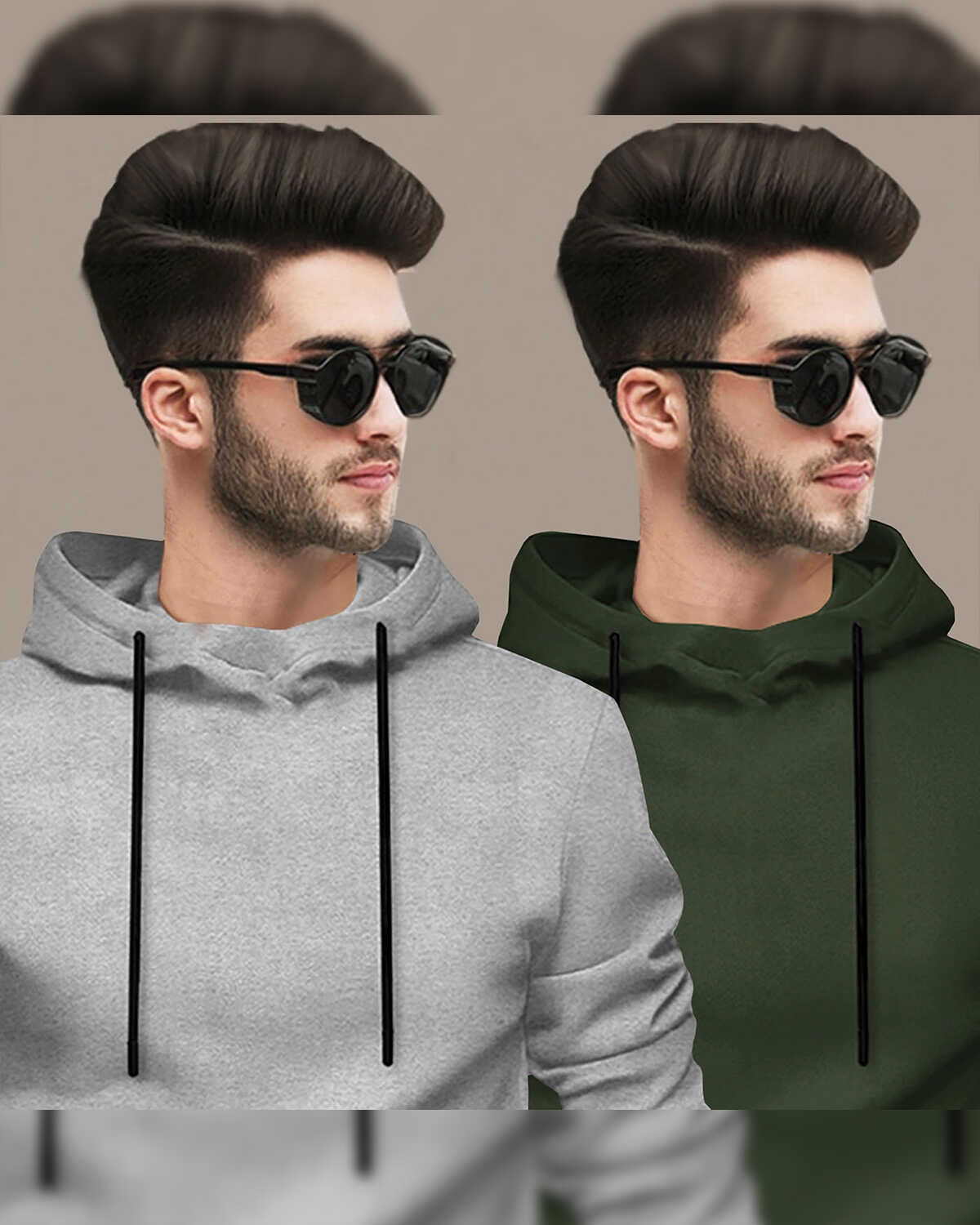 (Pack Of 2) Mens Full Sleeve Plain Grey & Olivegreen Hooded T-shirts