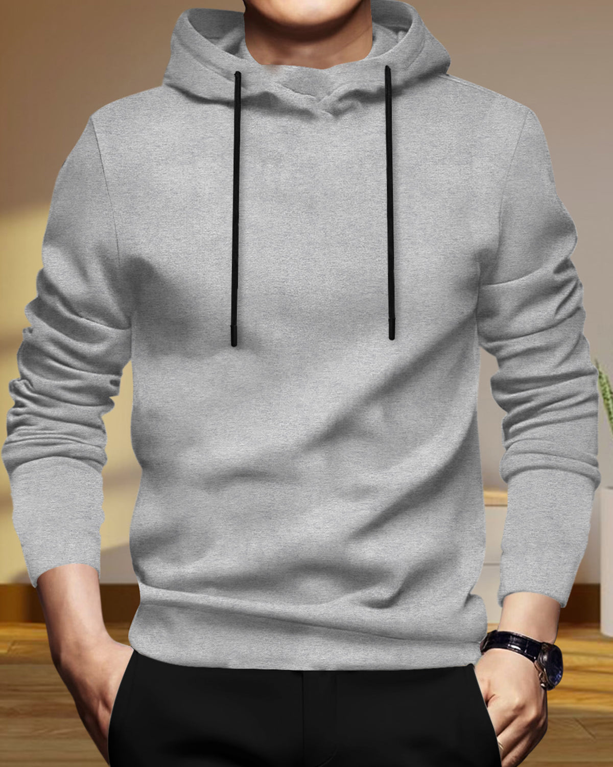 Mens Grey Full Sleeve Plain Hooded T-shirt - Main Image