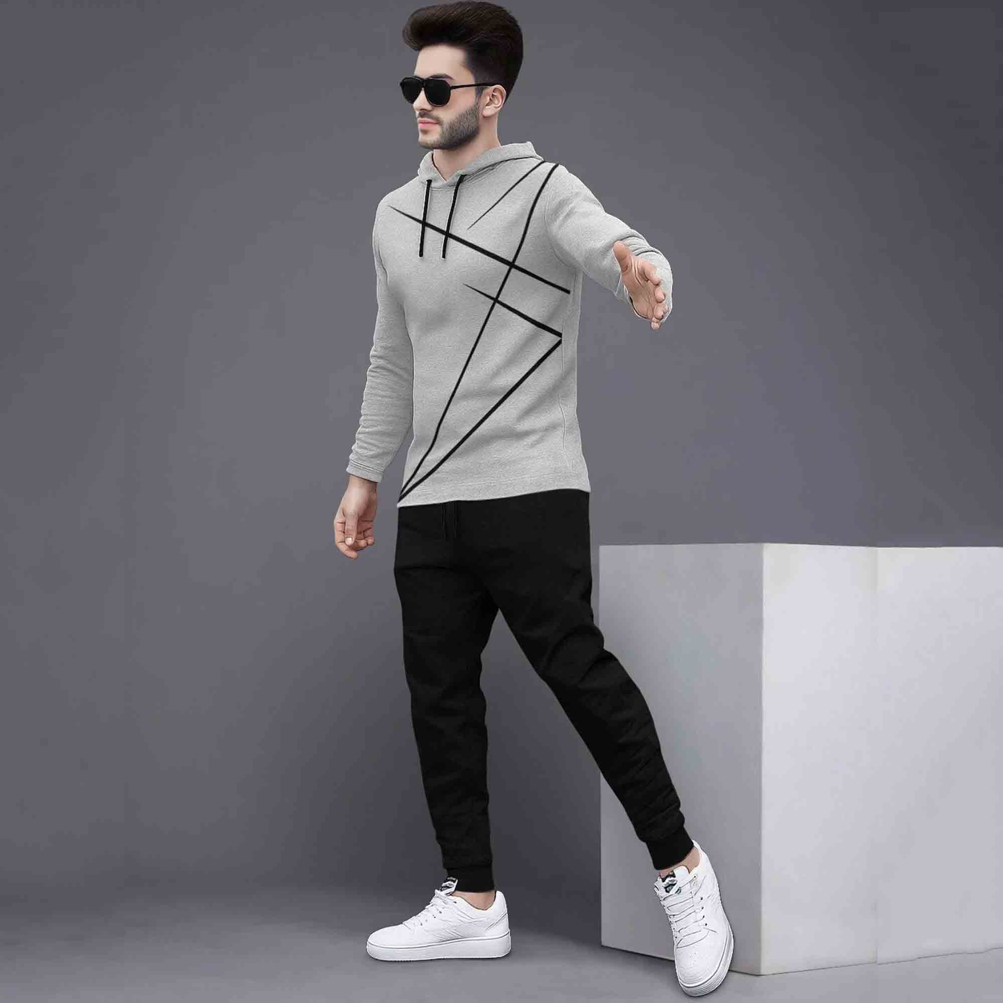 Full Sleeve ZigZag Parttern Grey T-shirt With Matching Trackpant