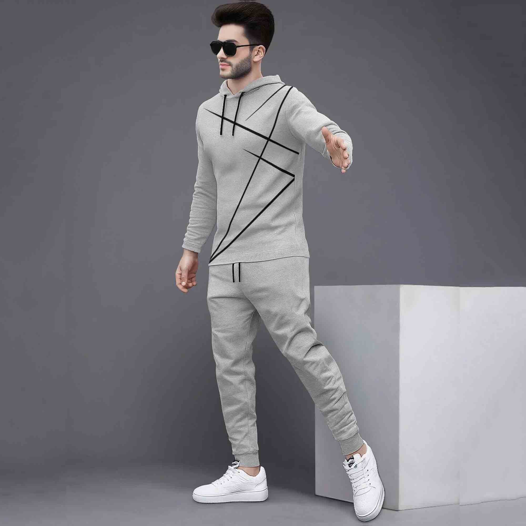 Full Sleeve ZigZag Parttern Grey T-shirt With Matching Trackpant