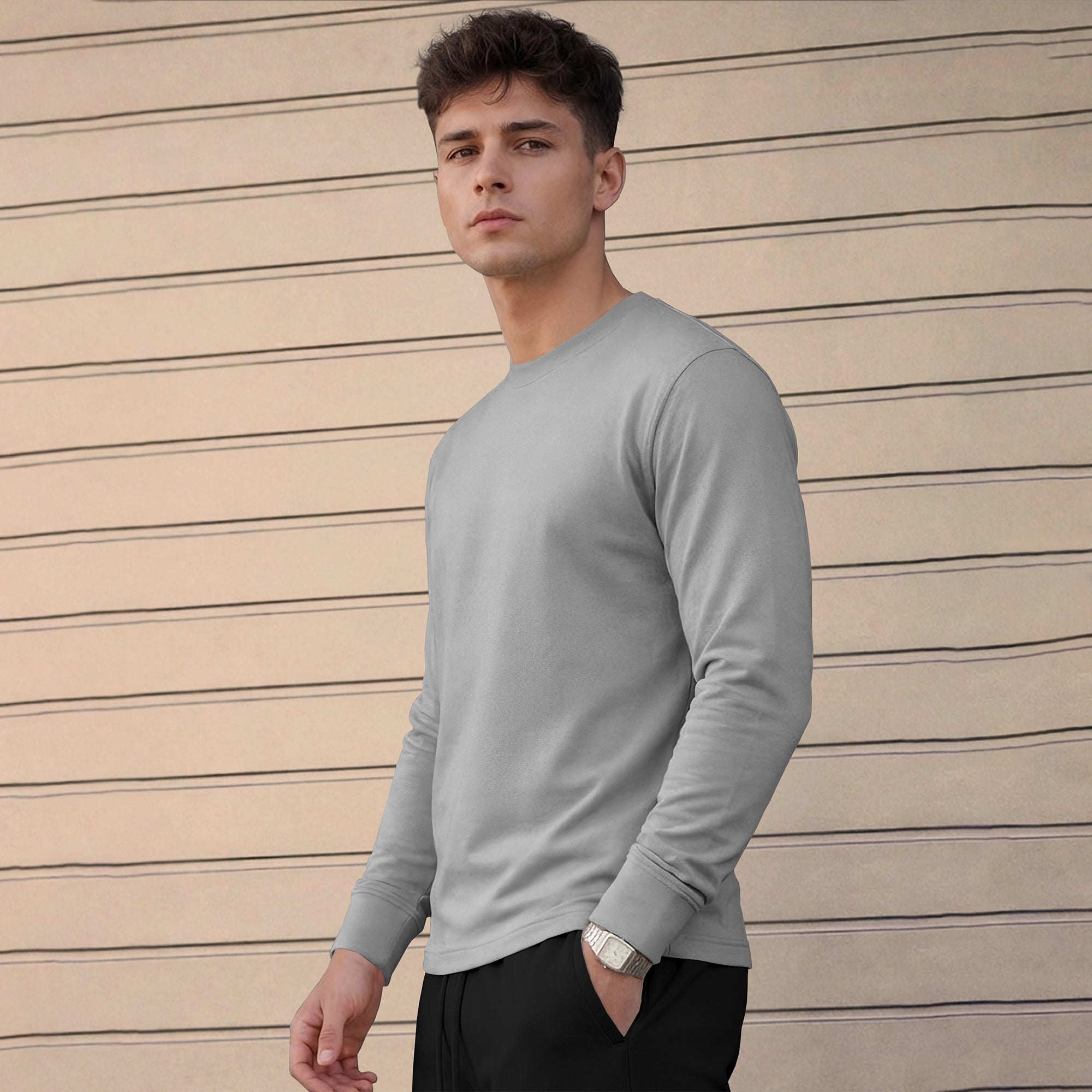 Mens Full Sleeve Round Neck Plain Grey T-shirt
