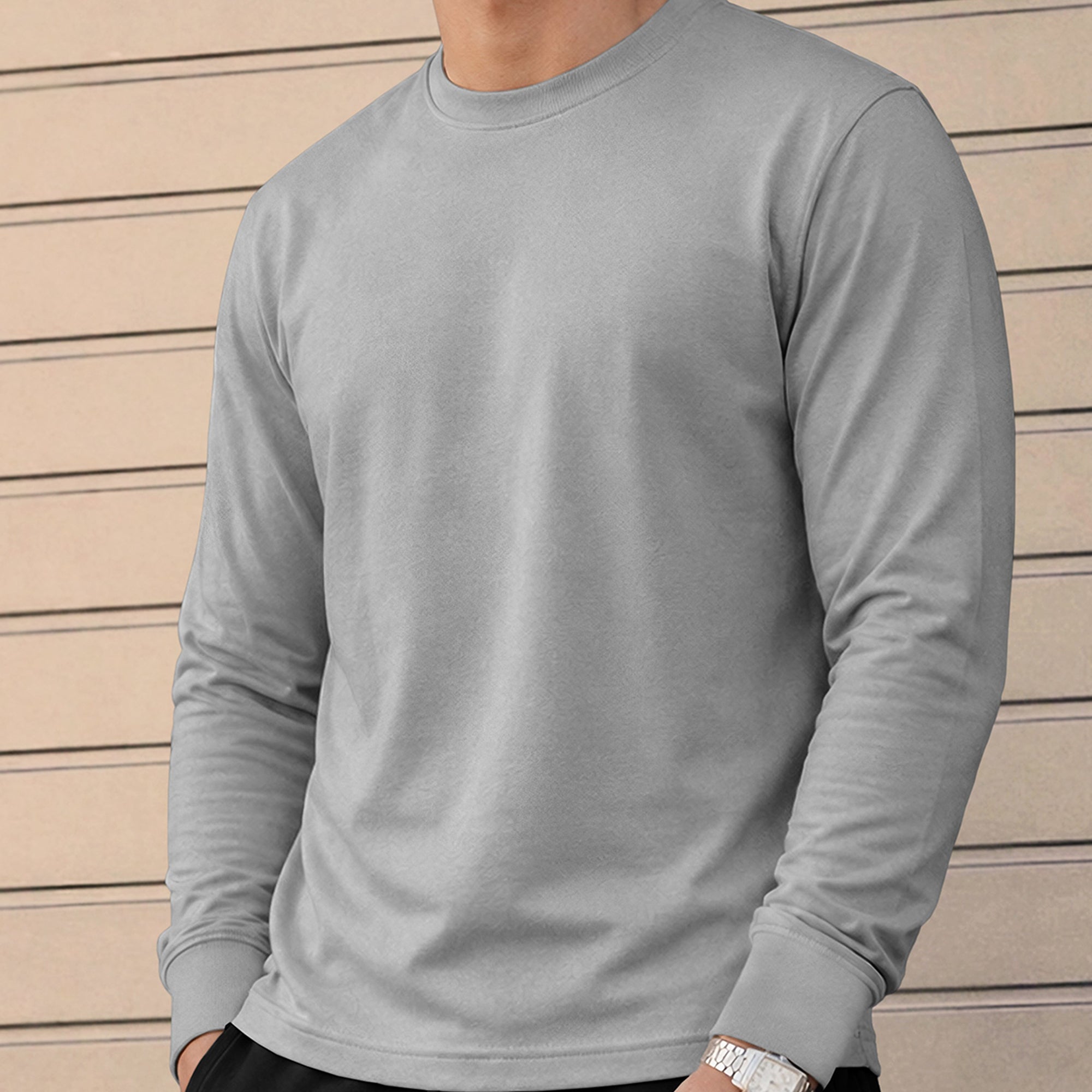 Mens Full Sleeve Round Neck Plain Grey T-shirt