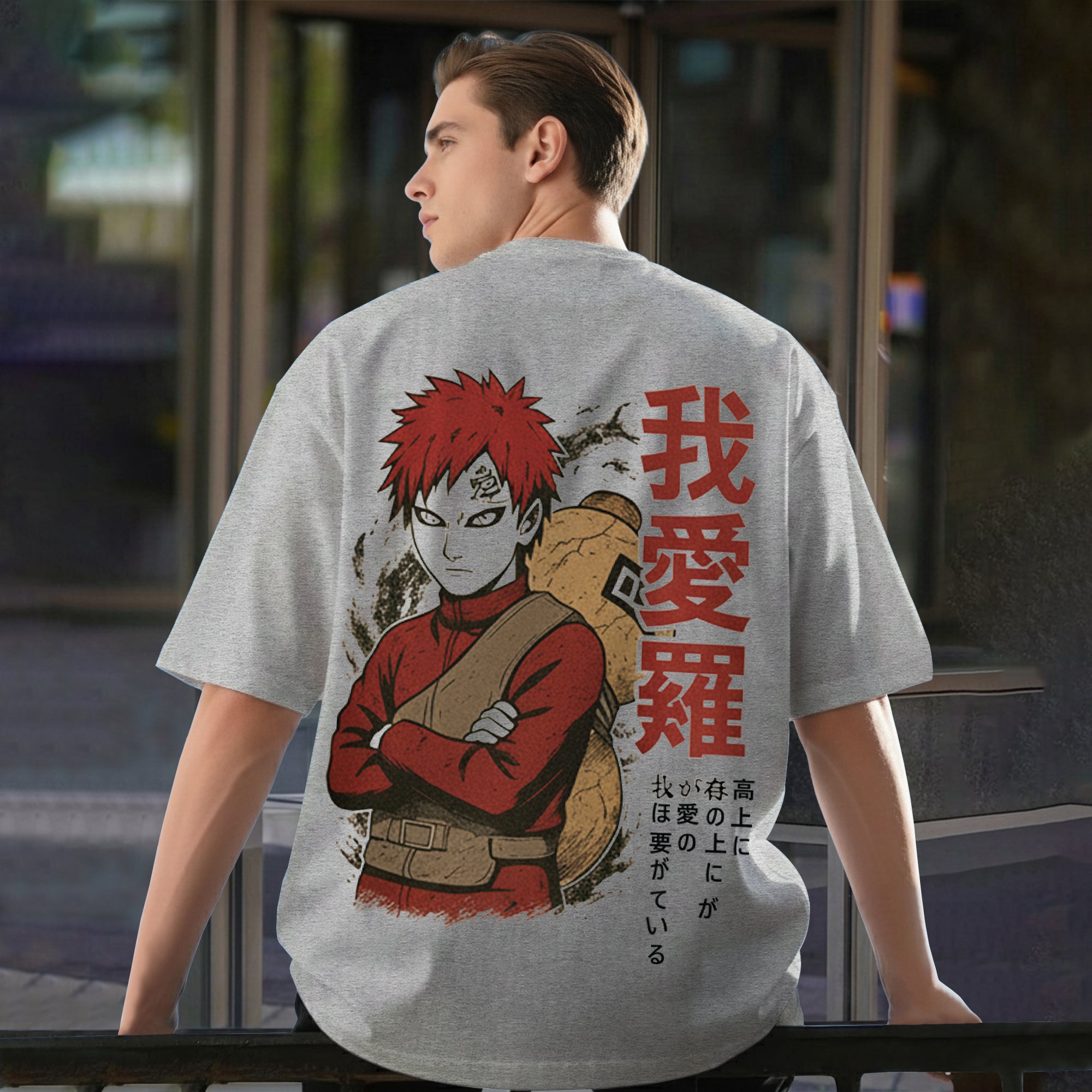 Mens Naruto Anime Back Printed Grey Oversized Tshirt