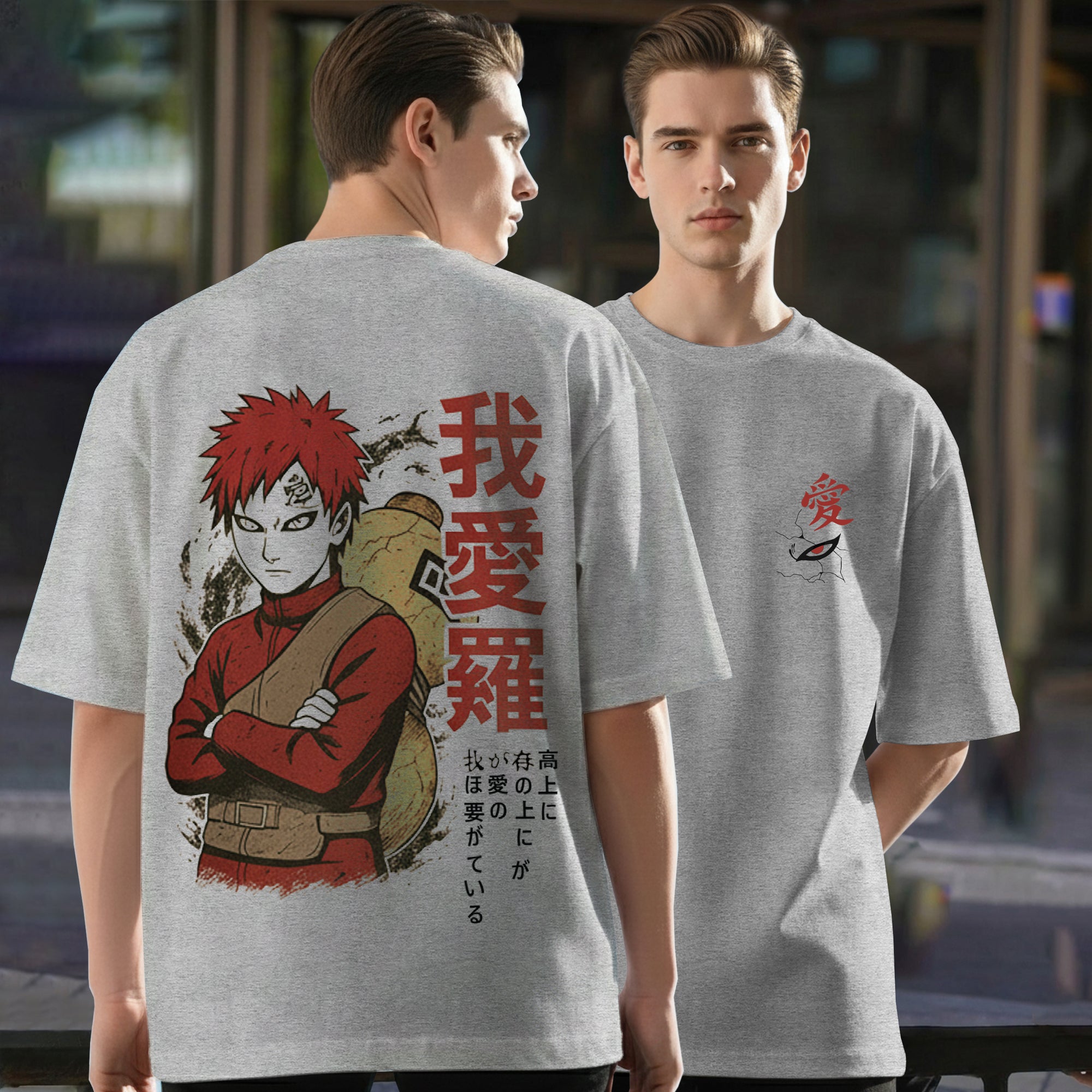Mens Naruto Anime Back Printed Grey Oversized Tshirt