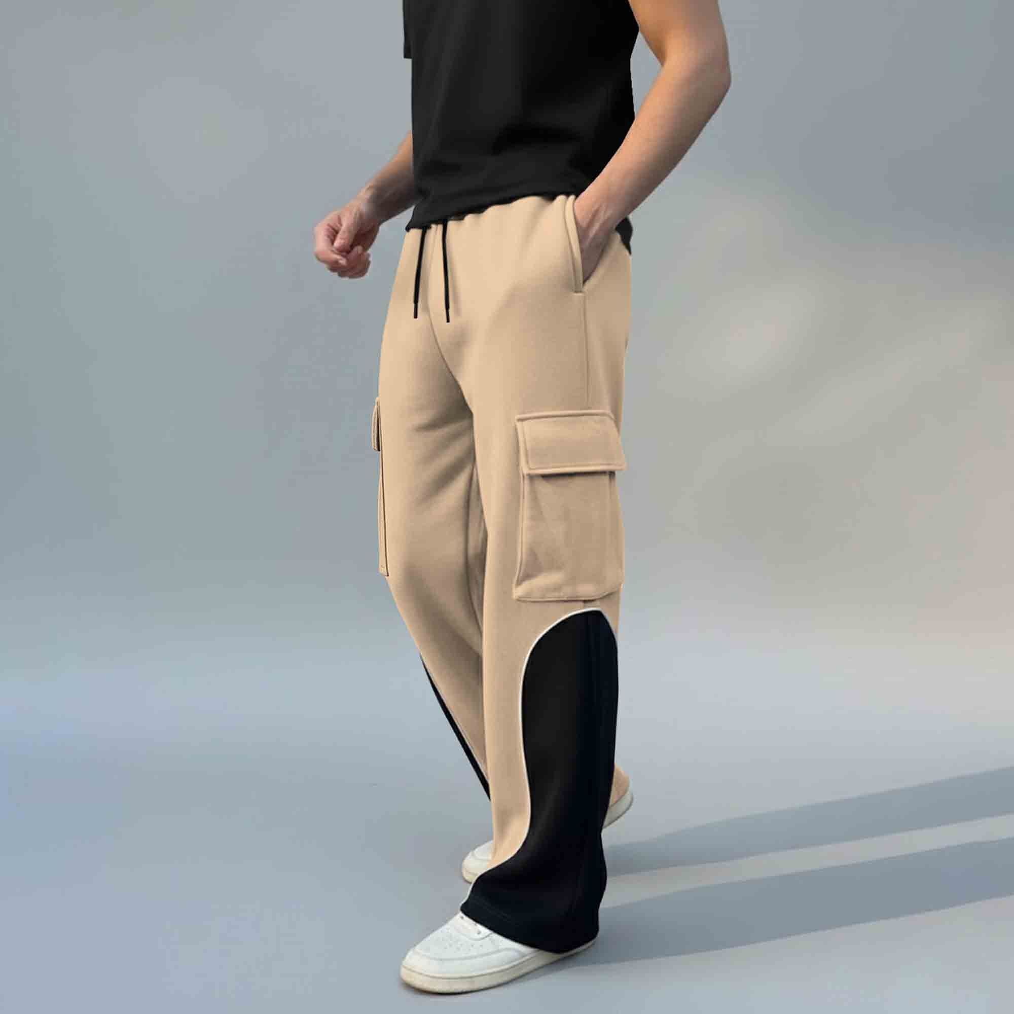 Men 4 Pockets Dual Color Baggy Cargo Pant Black & Beige