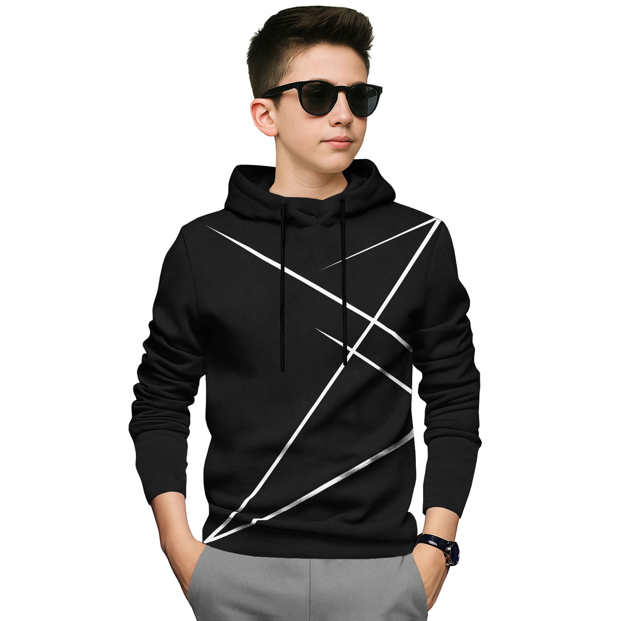 Boys Full Sleeve Black Zig Zag Graphic Printed Hooded T-shirt