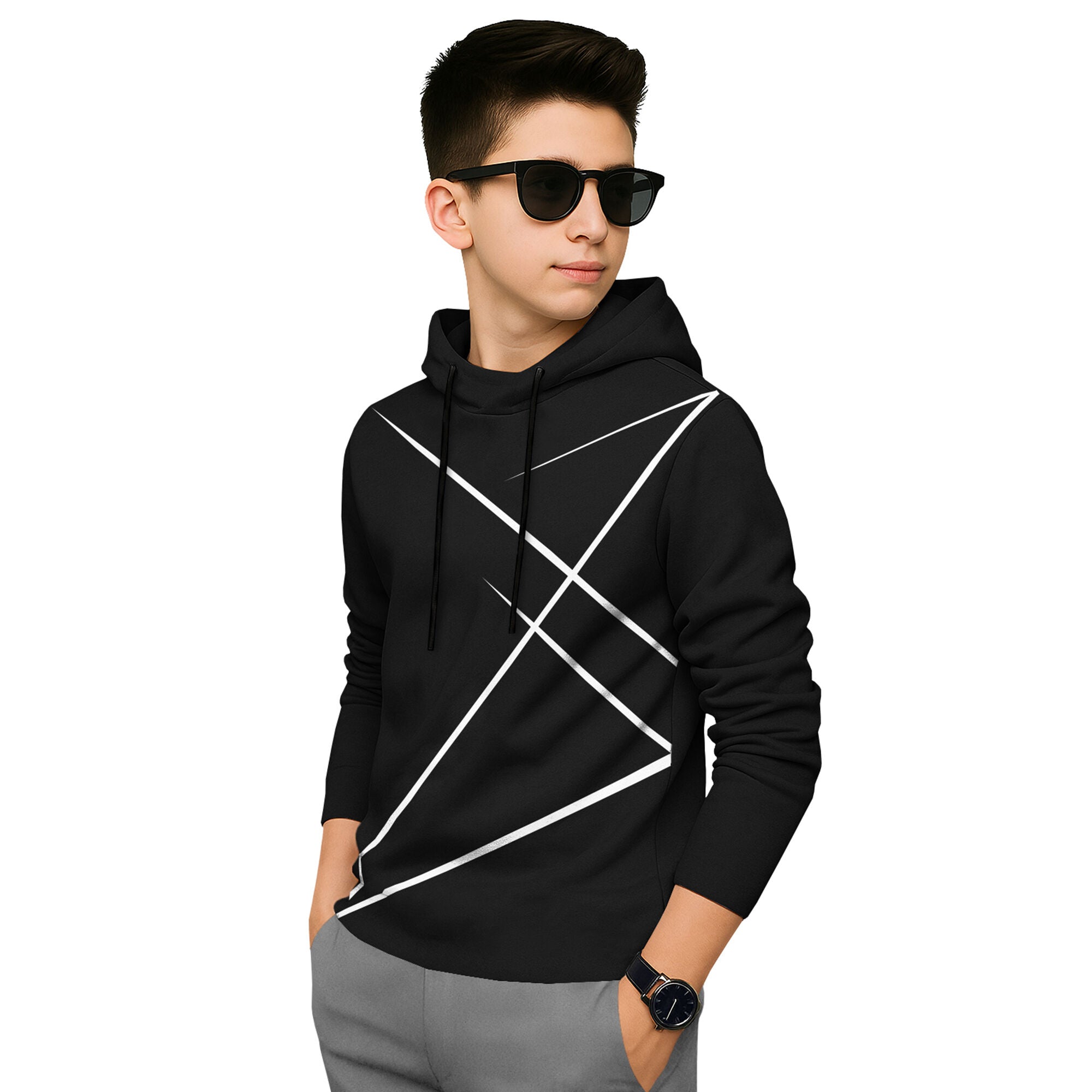 Boys Full Sleeve Black Zig Zag Graphic Printed Hooded T-shirt