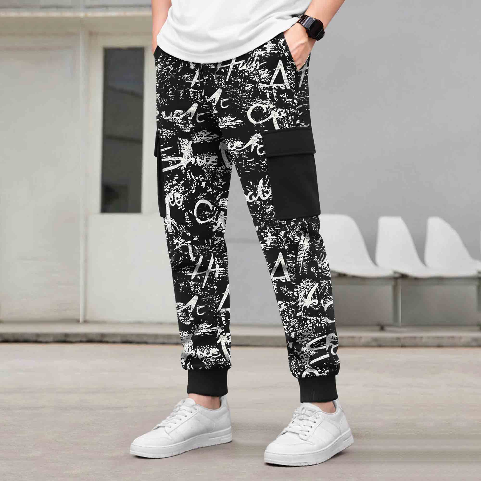 Mens All Over Print 4 Pockets Cargo Jogger Black