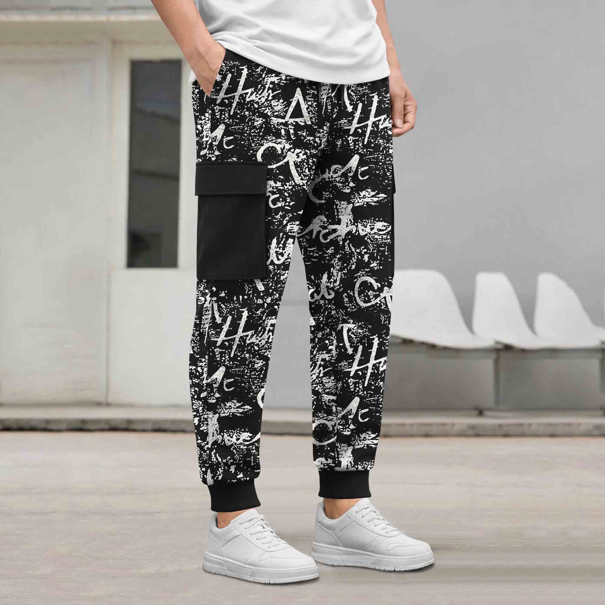 Mens All Over Print 4 Pockets Cargo Jogger Black
