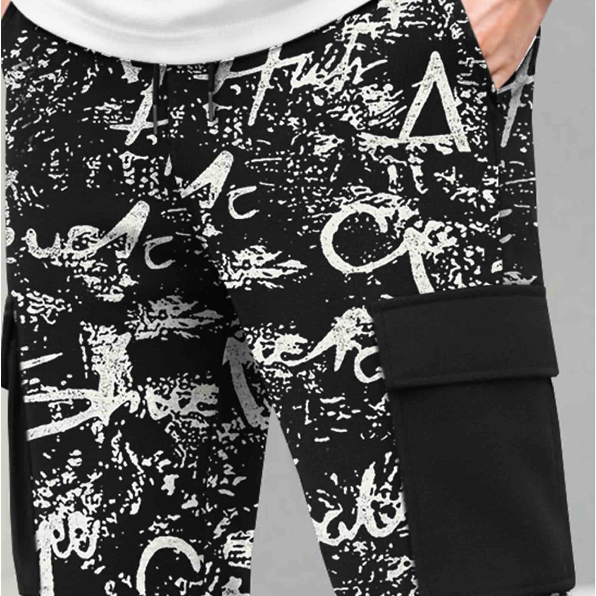 Mens All Over Print 4 Pockets Cargo Jogger Black