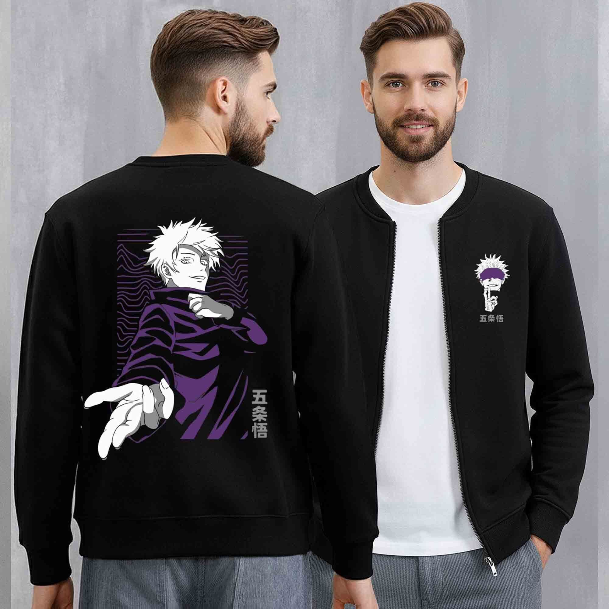 Mens Trendy Anime Design Printed Round Neck Jacket Black