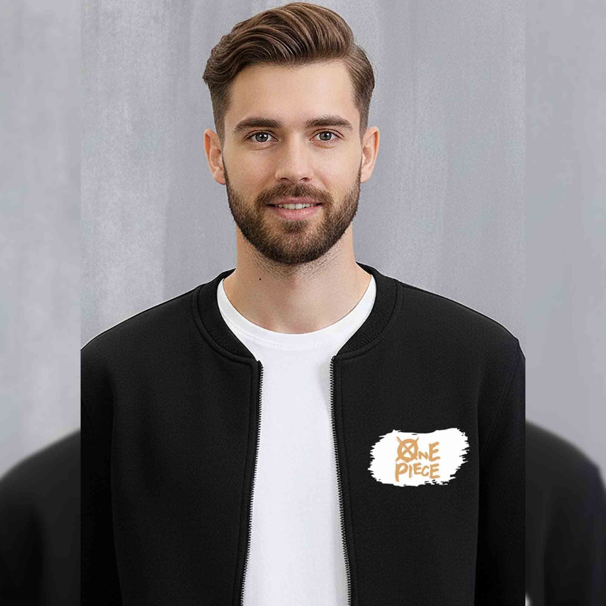 Mens Trendy Anime Design Printed Round Neck Jacket Black