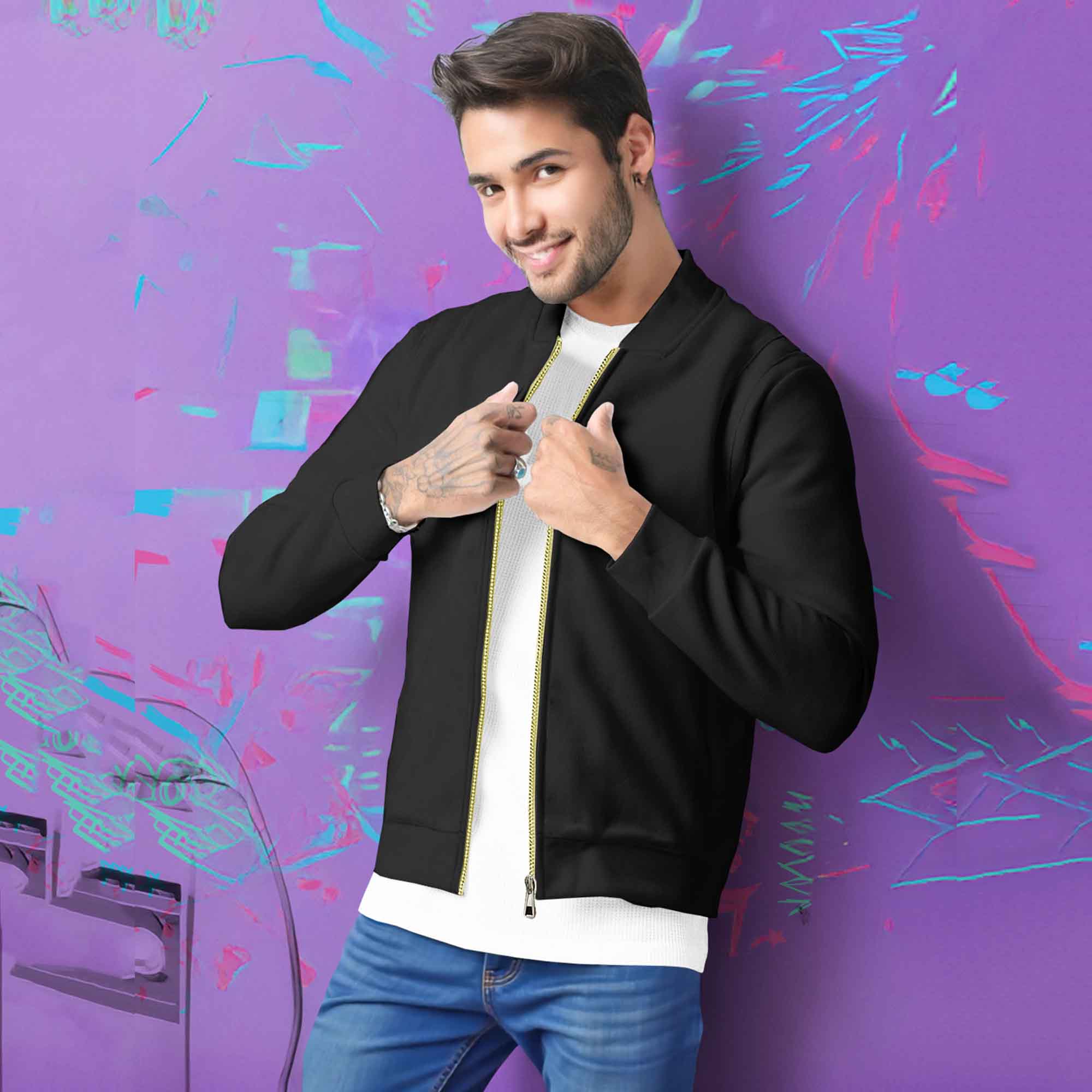 Round Neck Classic Black Zipper Jacket for Men