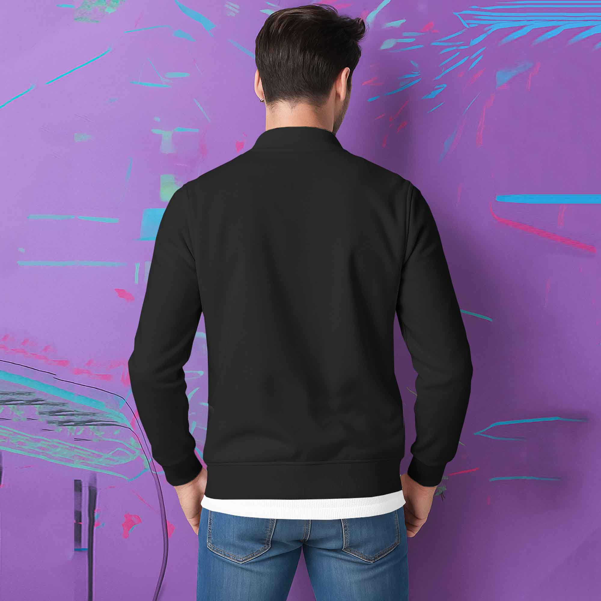 Round Neck Classic Black Zipper Jacket for Men