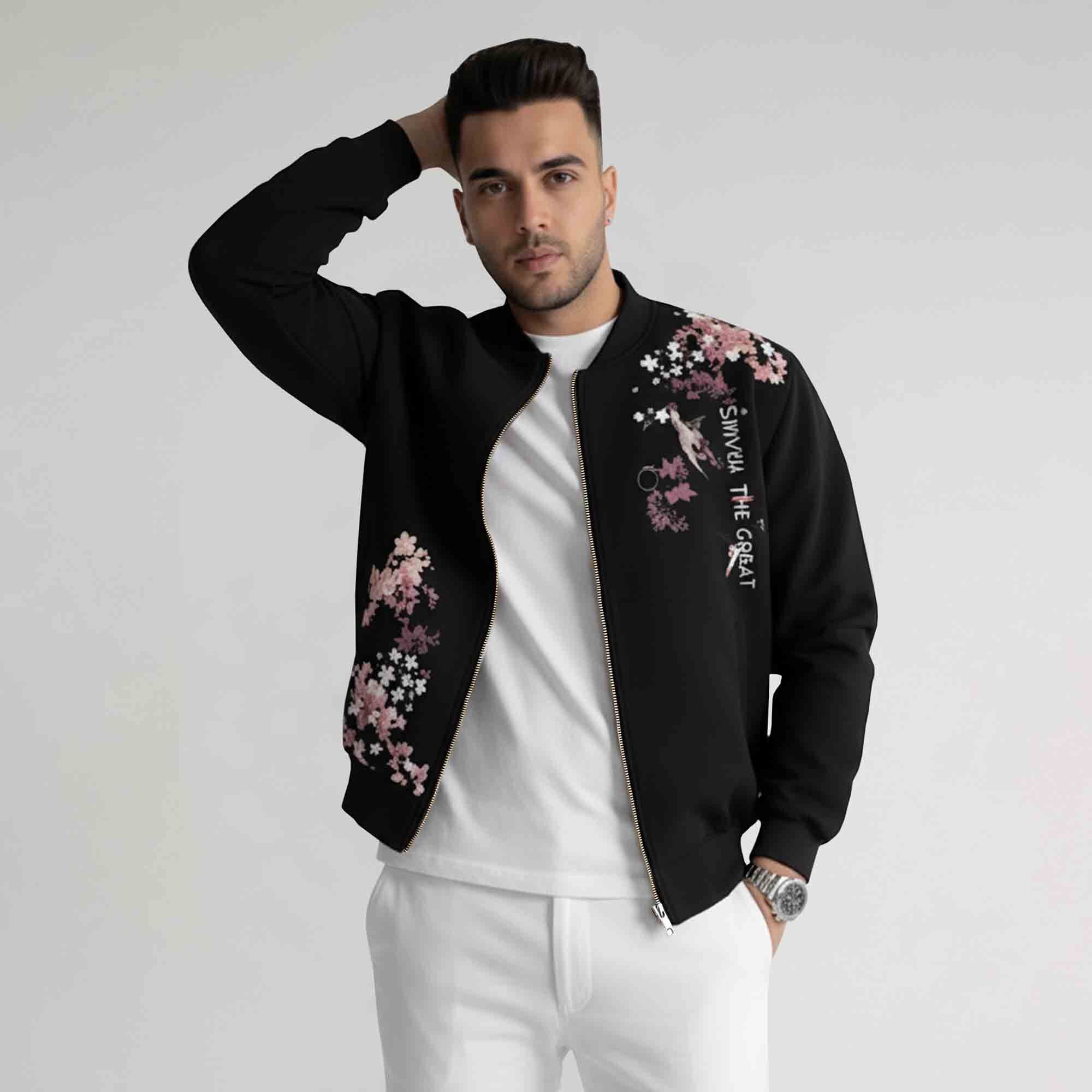 Men Back Printed Round Neck Winter Jacket Black