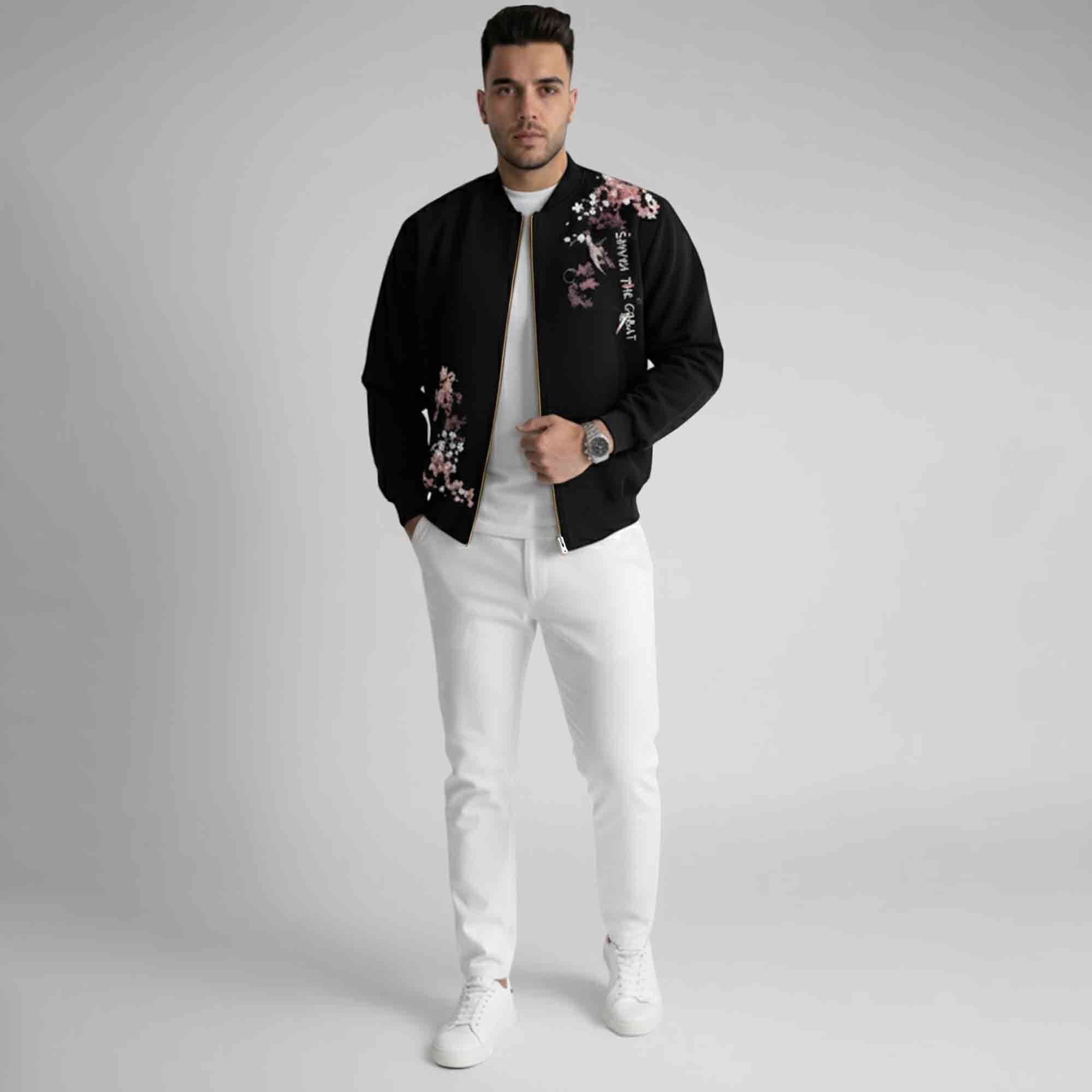 Men Back Printed Round Neck Winter Jacket Black