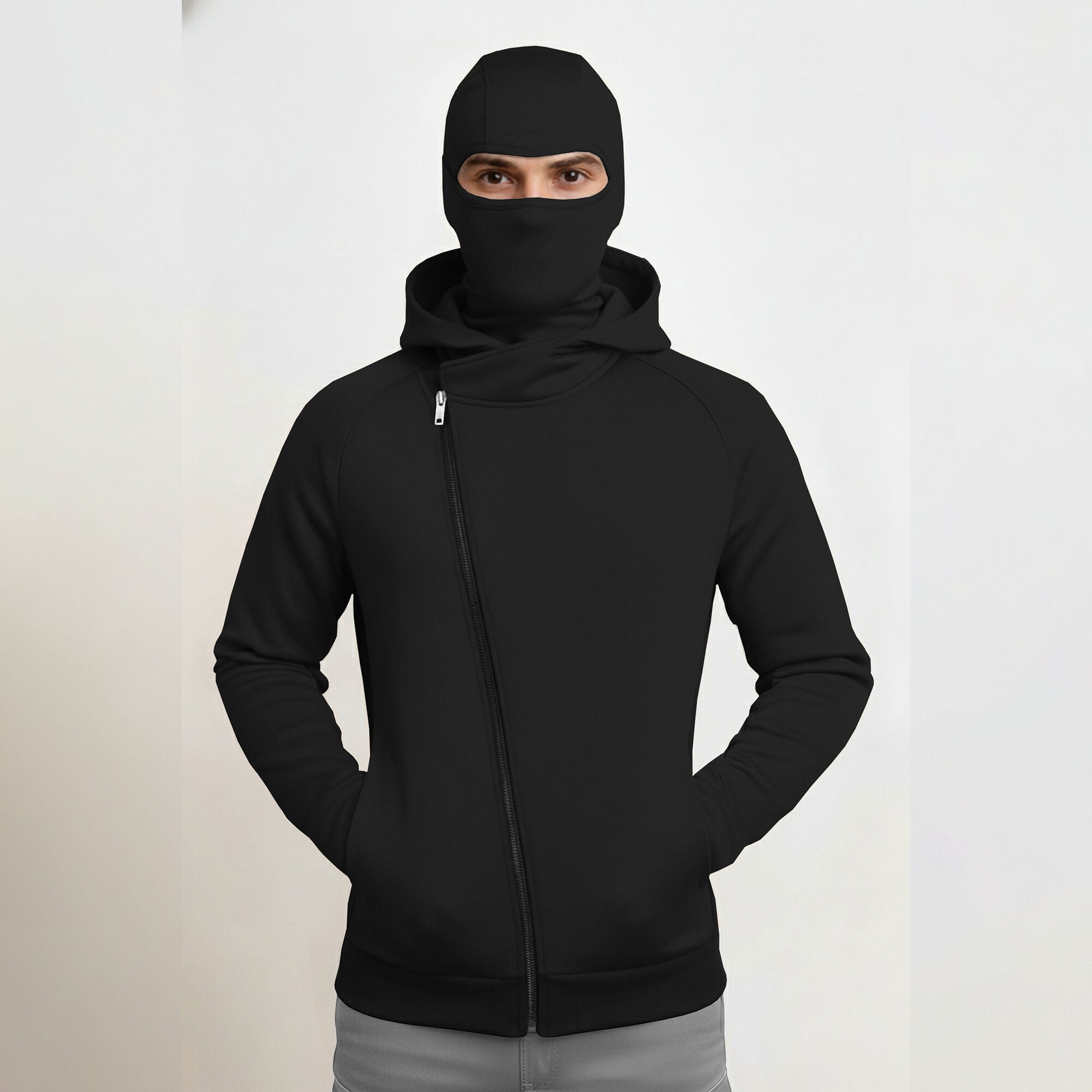 Mens Winter Full Mask Warm Cross Zip-Up Hooded Jacket Black