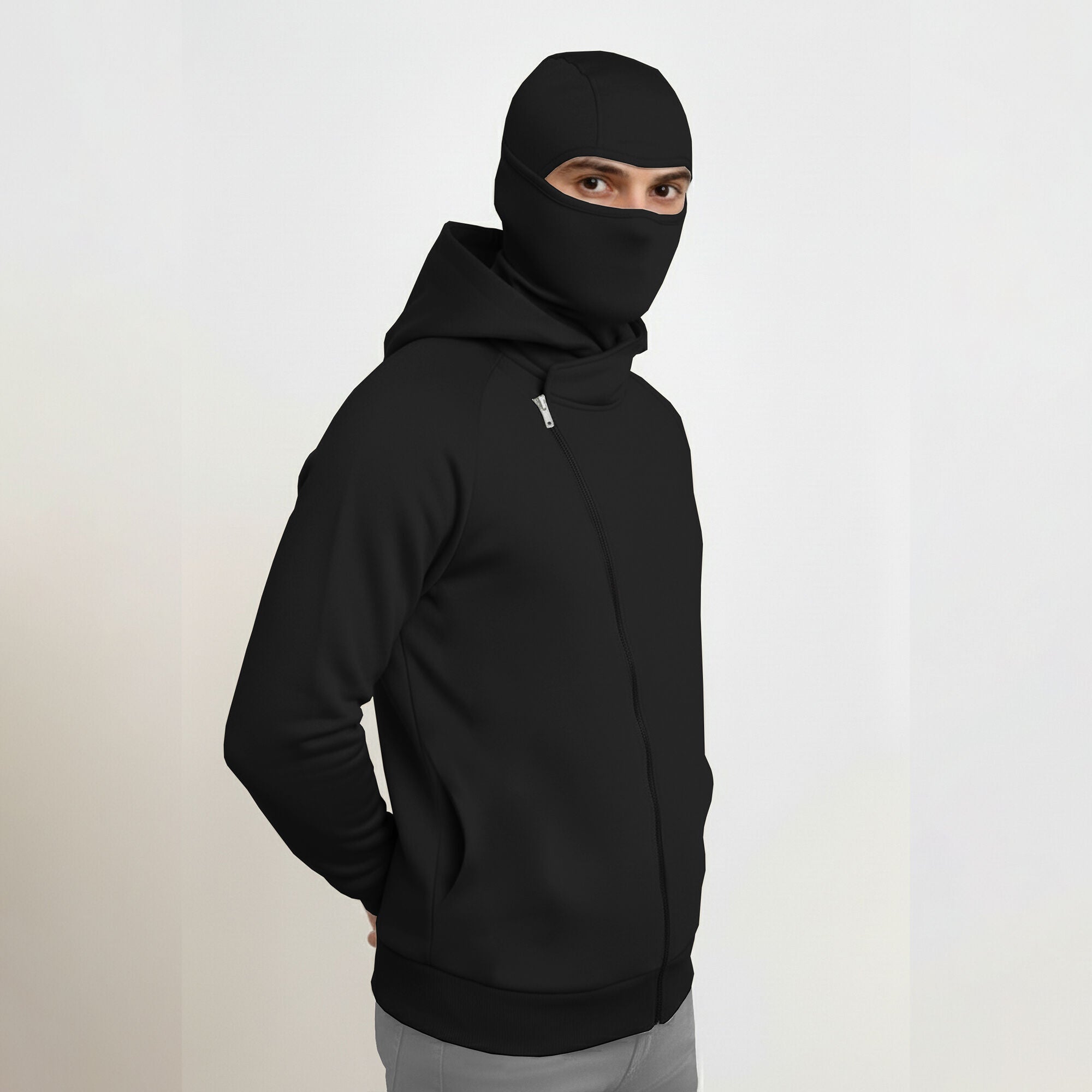 Mens Winter Full Mask Warm Cross Zip-Up Hooded Jacket Black