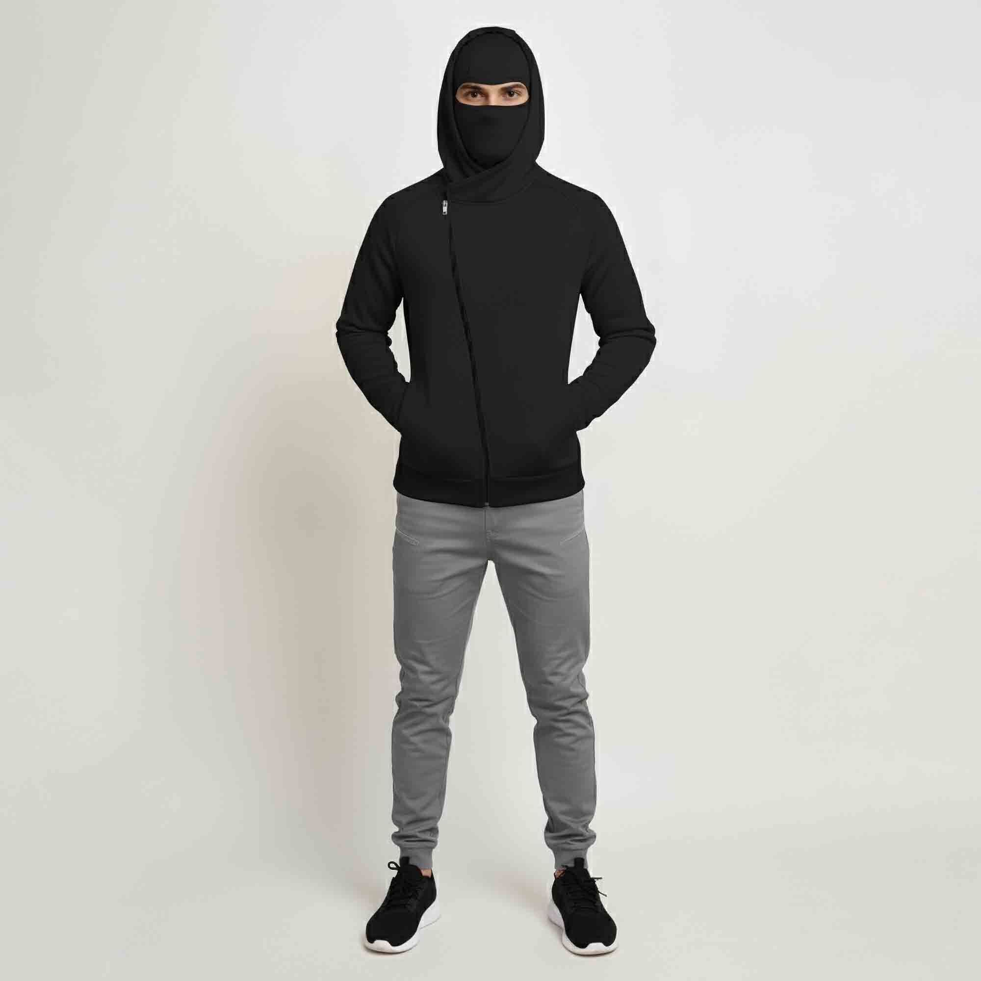 Mens Winter Full Mask Warm Cross Zip-Up Hooded Jacket Black
