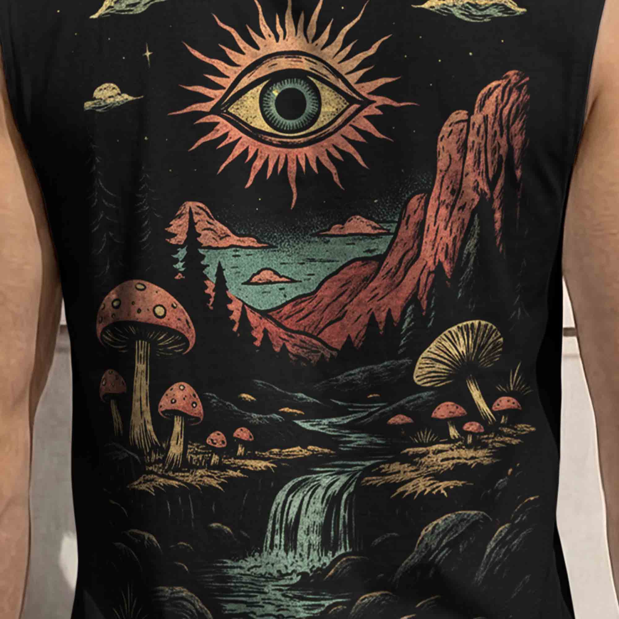 Men Back Printed Round Neck Vest Black