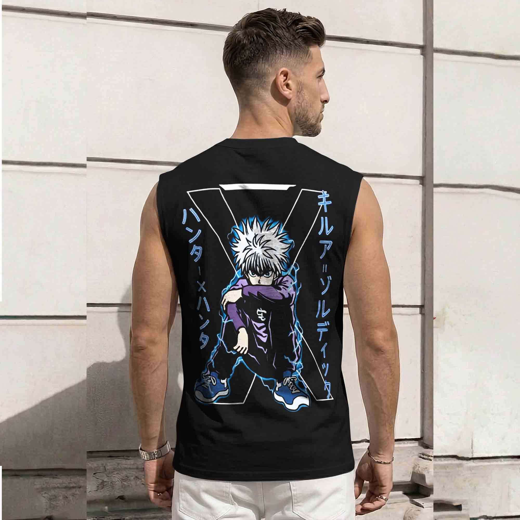 Men Back Printed Round Neck Vest Black