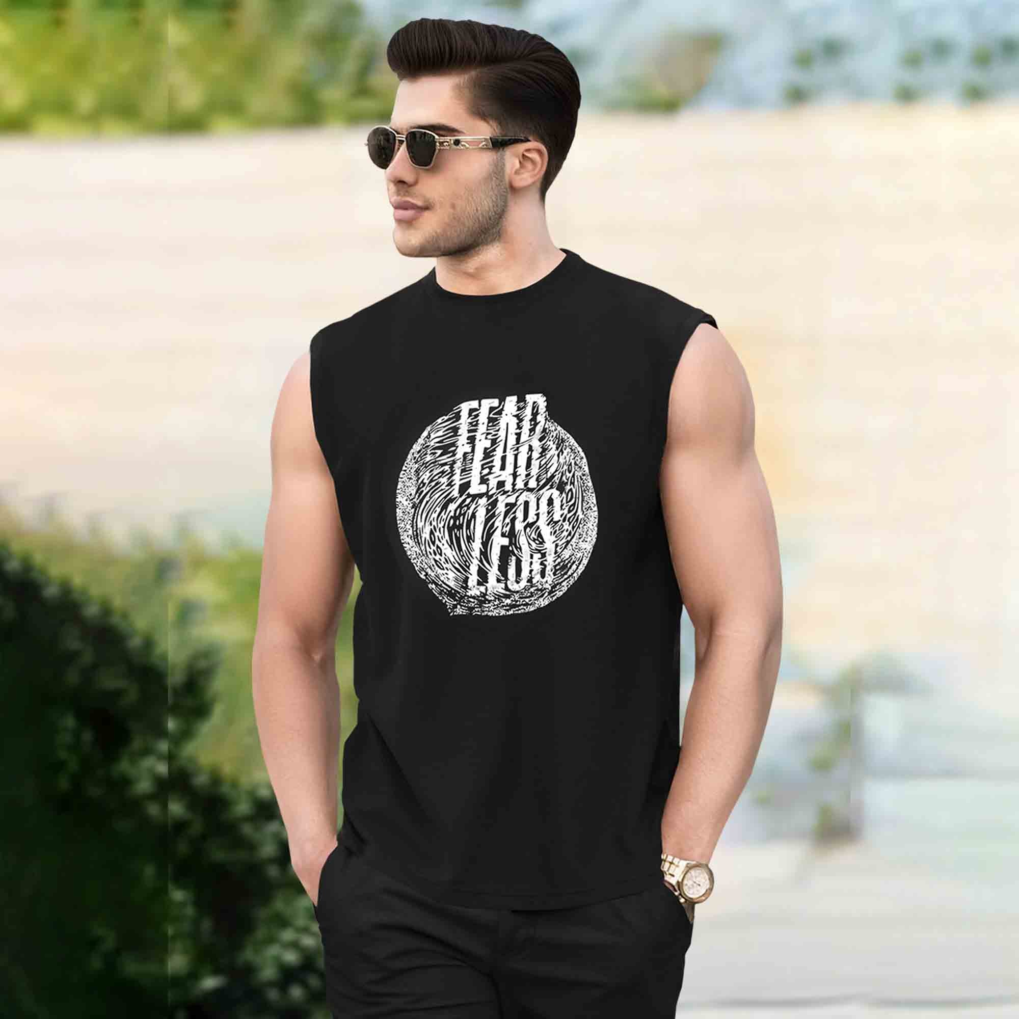 Men Printed Black Round Neck Top Tank
