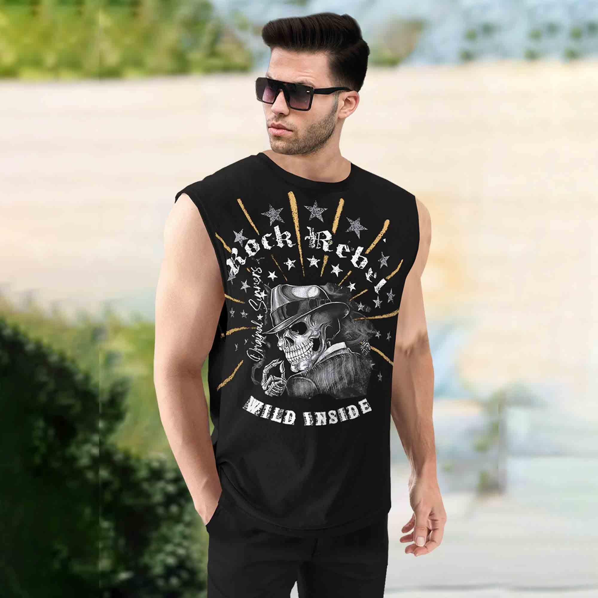 Men Black Graphic Printed Round Neck Vest